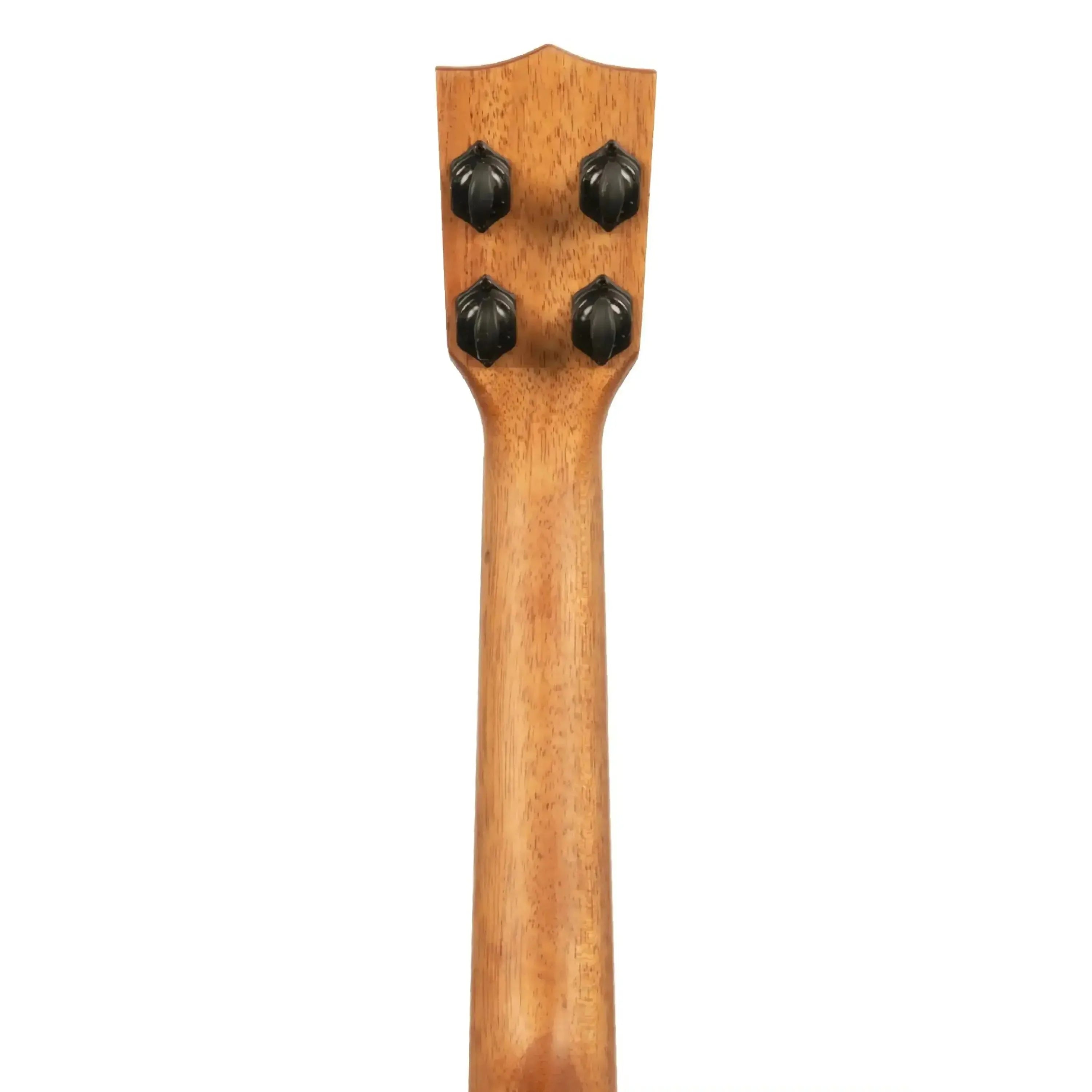 Back of Kala Premier Exotic Macawood Concert Ukulele headstock with mahogany neck and black tuners.