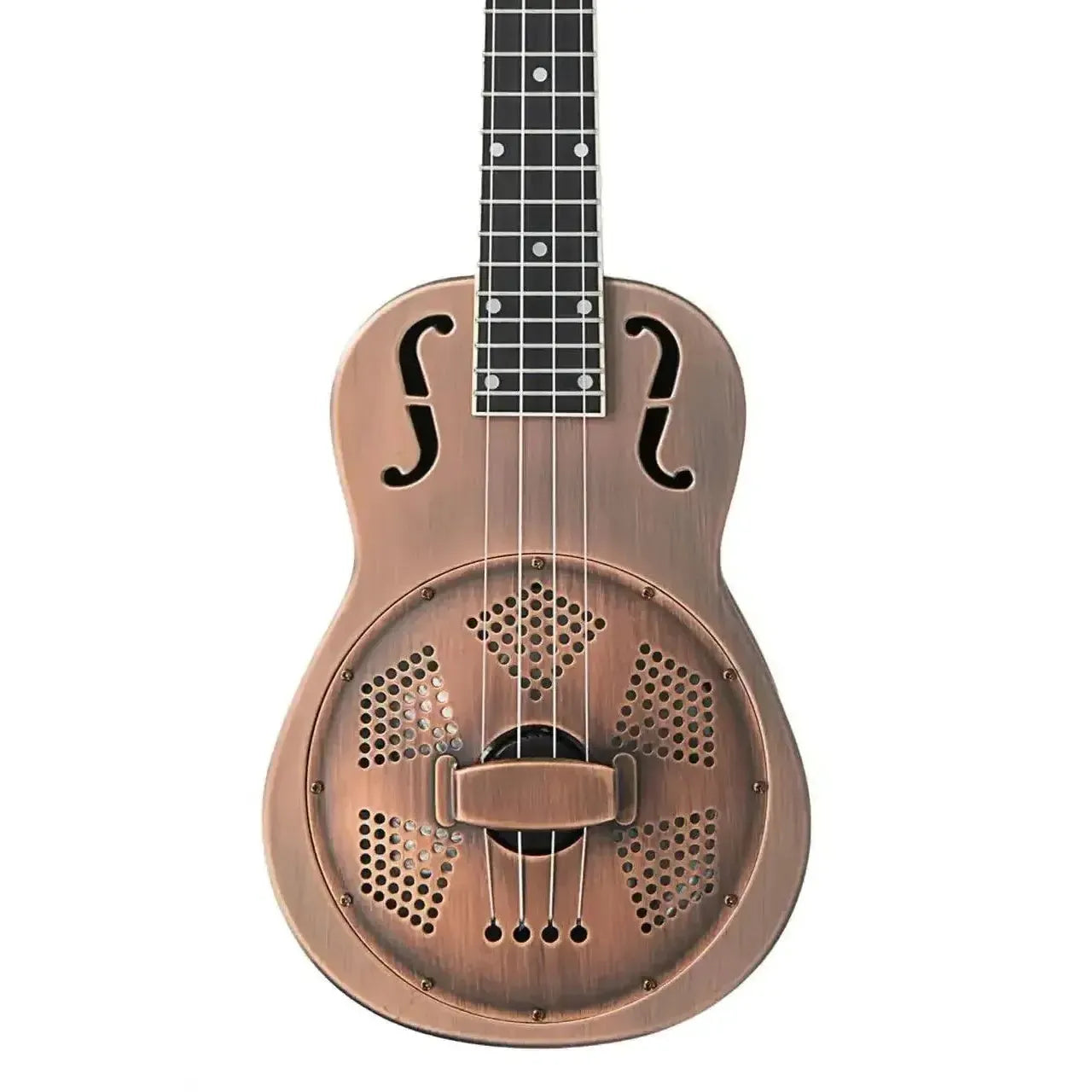 Kala Resonator Baritone Ukulele with brushed copper finish, f-holes, and a metallic resonator cone.