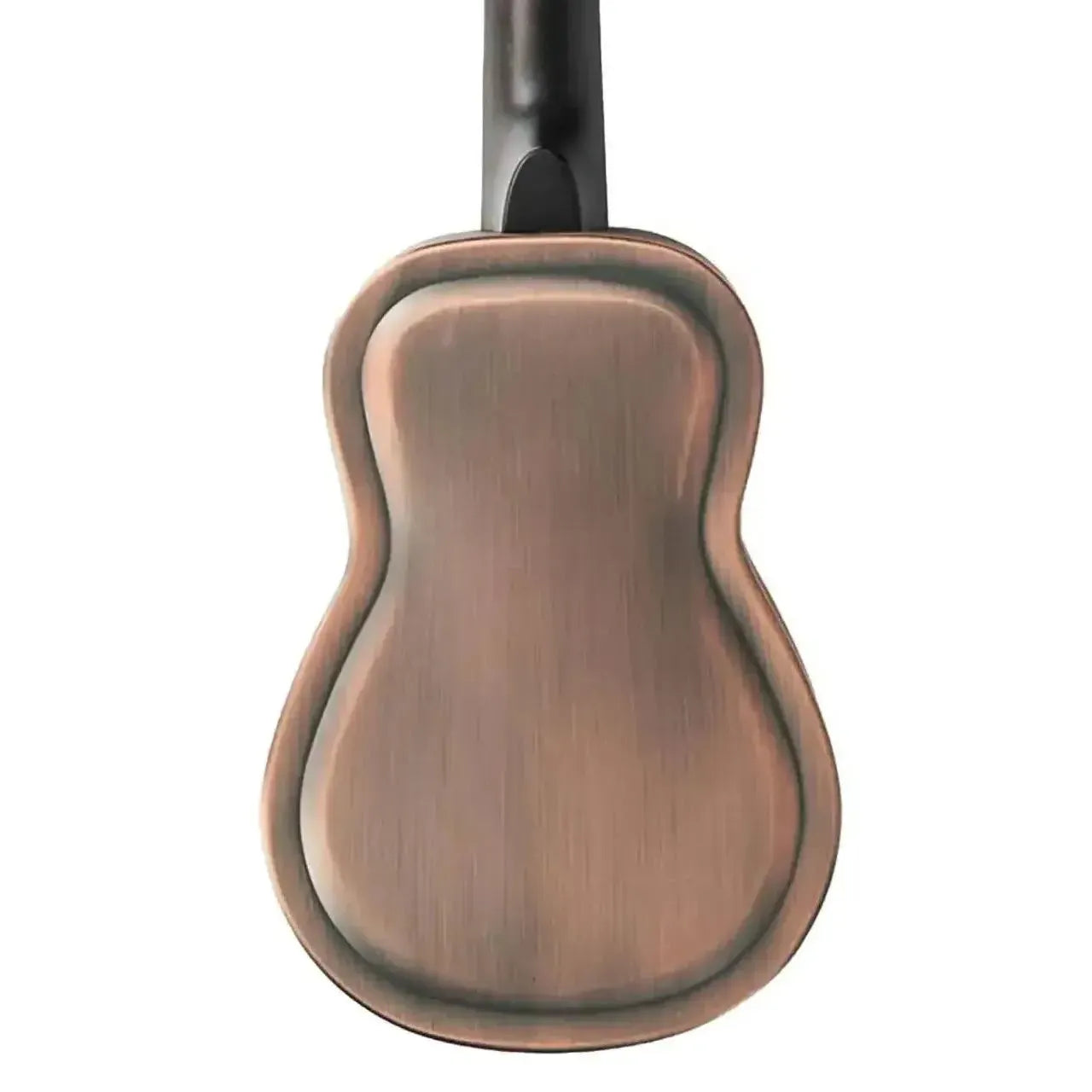Back of a Kala Resonator Baritone Ukulele with a brushed copper bell brass body and dark neck.