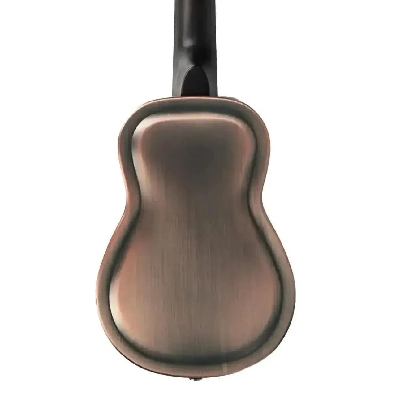 Back of a Kala Resonator Tenor Ukulele with a brushed copper bell-brass body and dark neck.