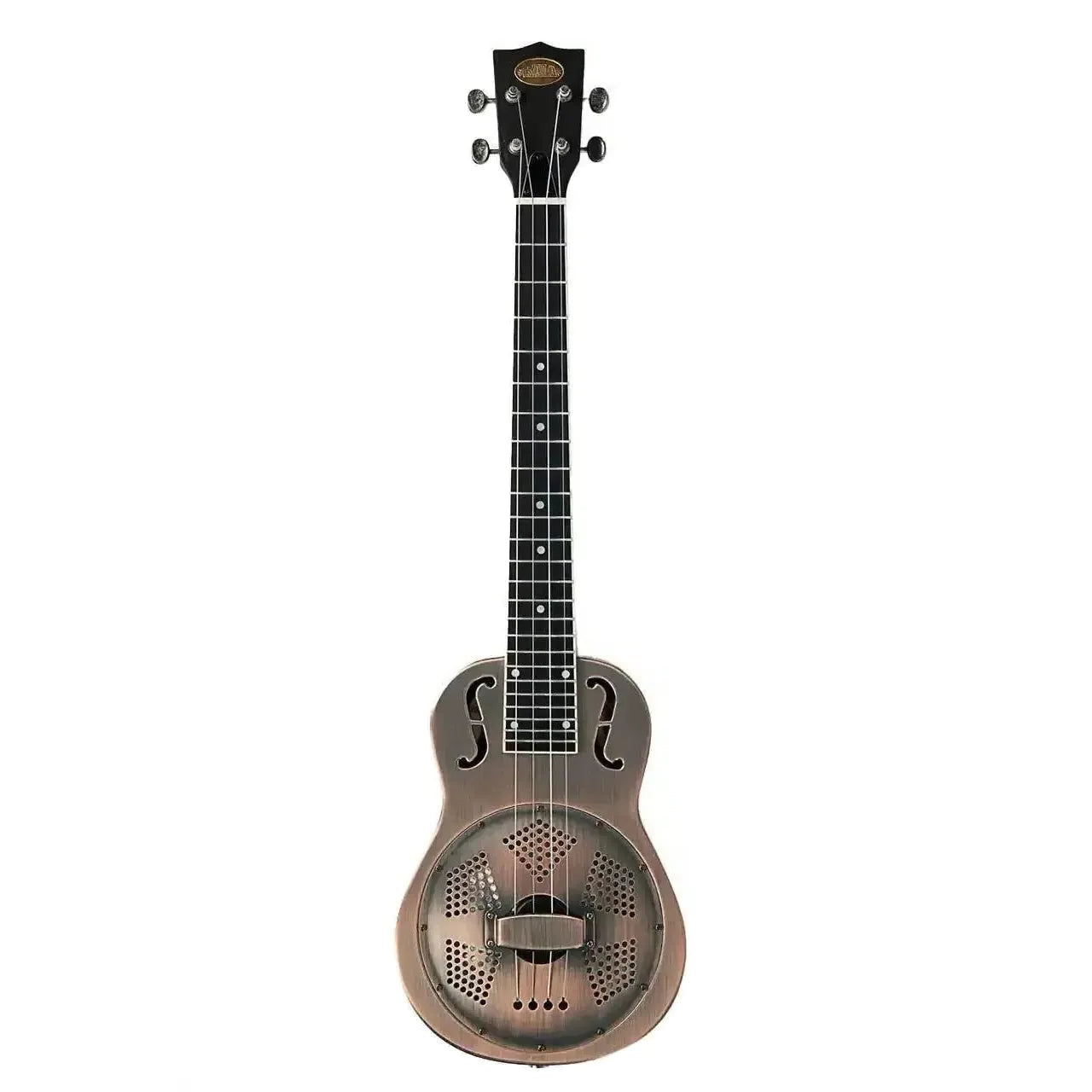 Kala Resonator Tenor Ukulele with brushed copper bell-brass body, black neck, and metal resonator cone.