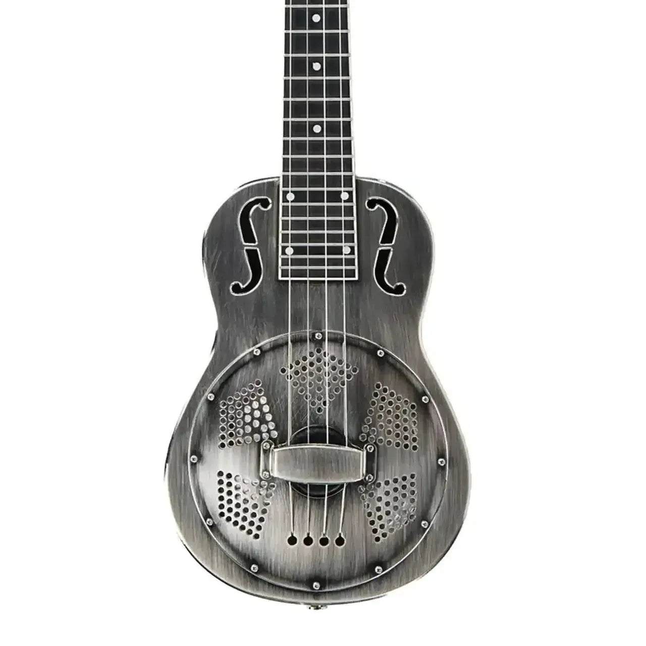 Kala Resonator Baritone Ukulele with brushed nickel bell-brass body and F-holes.