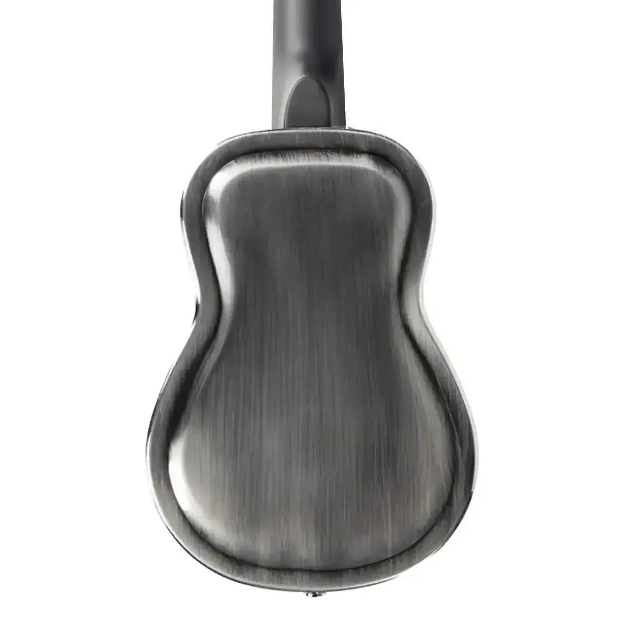 Back of a Kala Resonator Baritone Ukulele with a brushed nickel bell-brass body.
