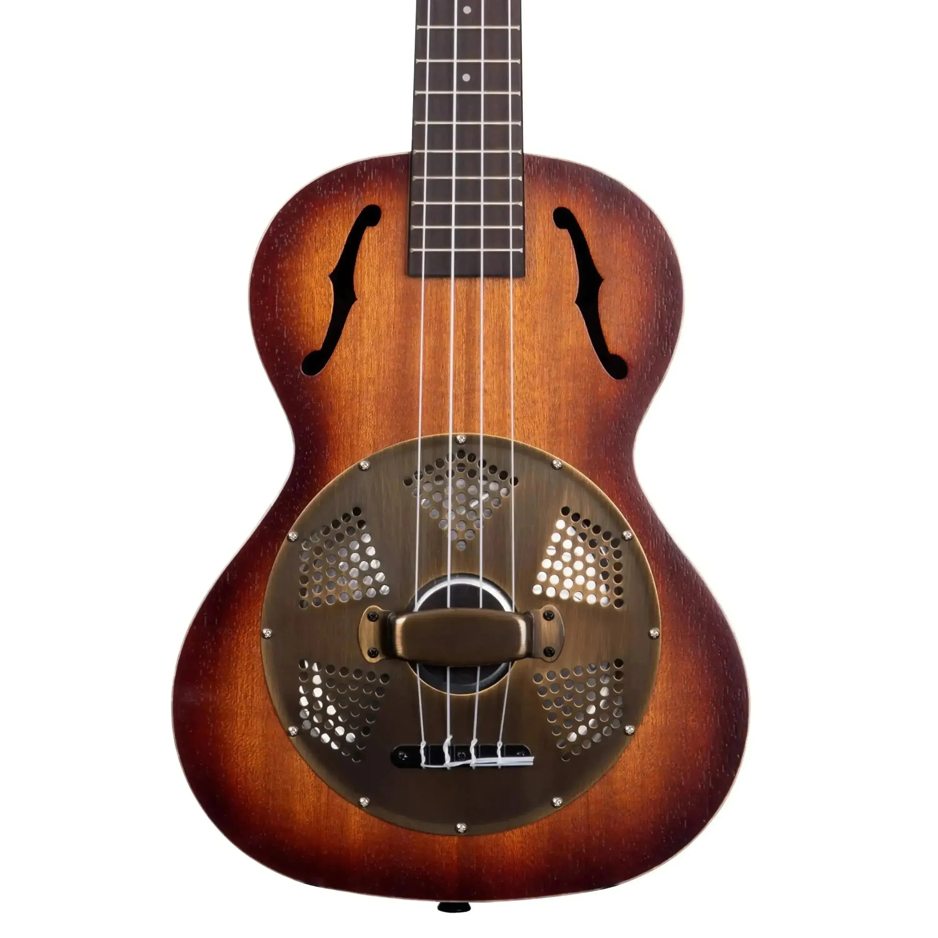 Kala Brass Resonator Tenor Ukulele with sunburst satin finish, brass cone, and f-holes.