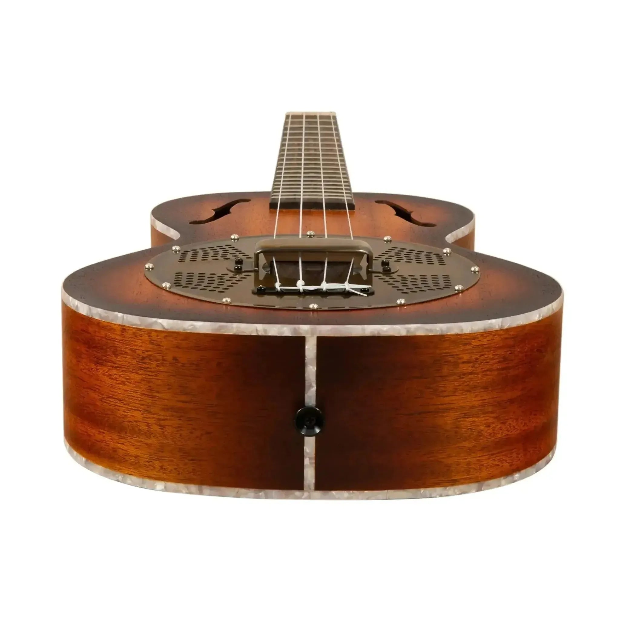 Kala Brass Resonator Tenor Ukulele with sunburst satin finish, mahogany body, and pearloid binding.