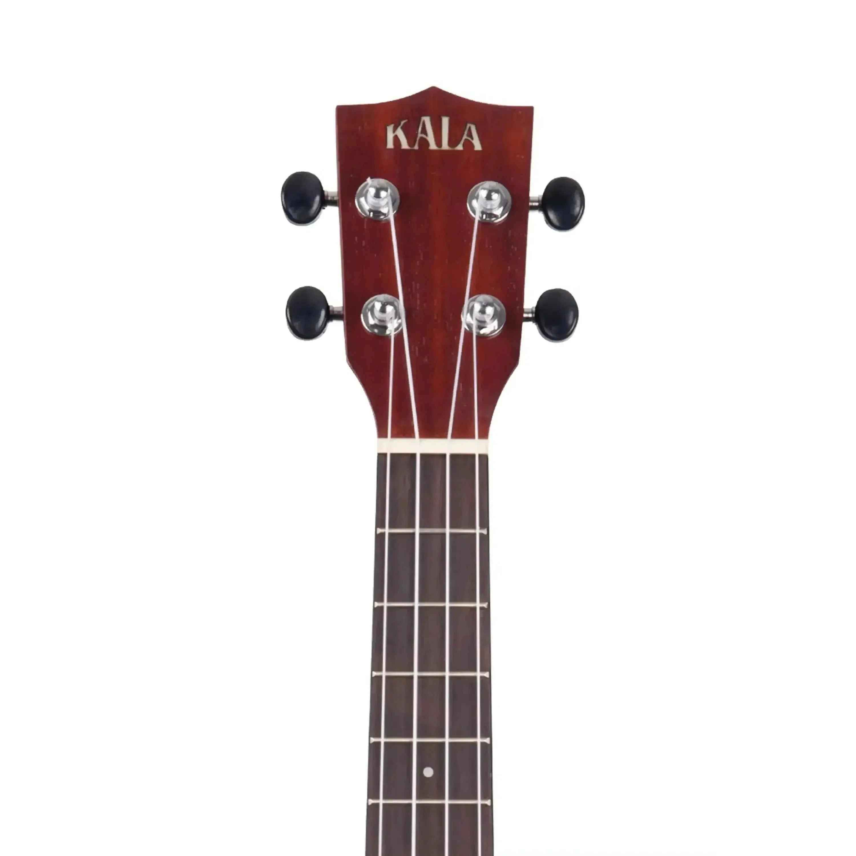 Kala Tenor Ukulele headstock with mahogany finish, black tuning pegs, and white KALA logo.