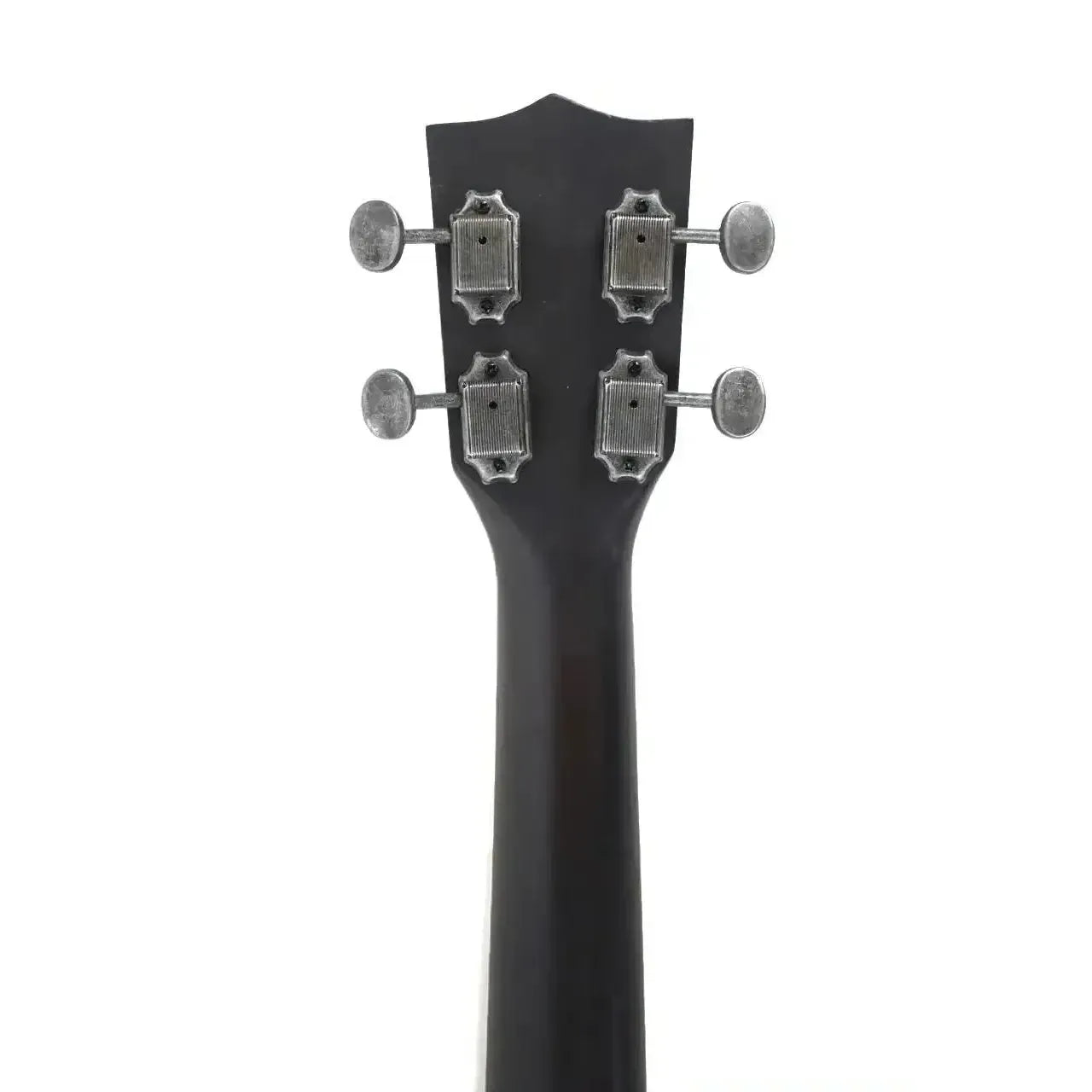 Kala Antique Copper Resonator Baritone Ukulele headstock with four silver tuning pegs.