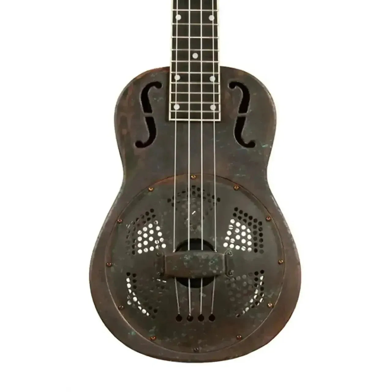 Kala Resonator Tenor Ukulele with antique copper finish, bell brass body, and perforated cone.