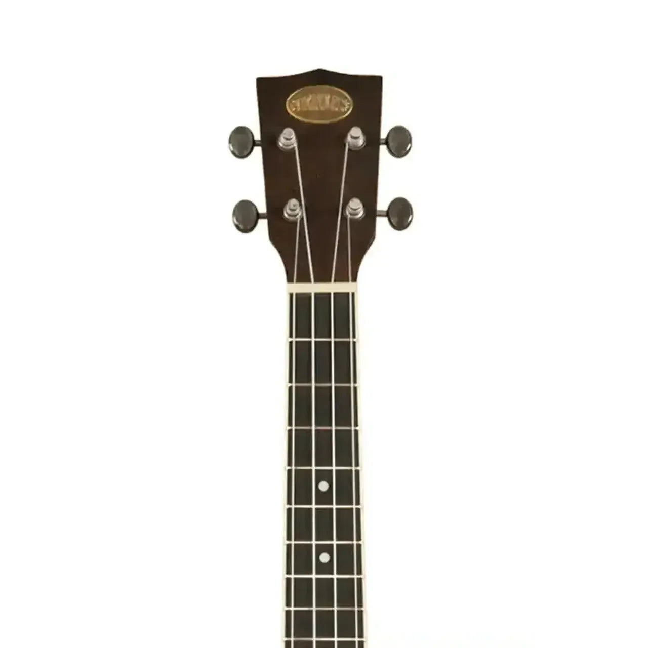 Kala Resonator Tenor Ukulele headstock with antique copper logo, dark wood, and black tuning pegs.