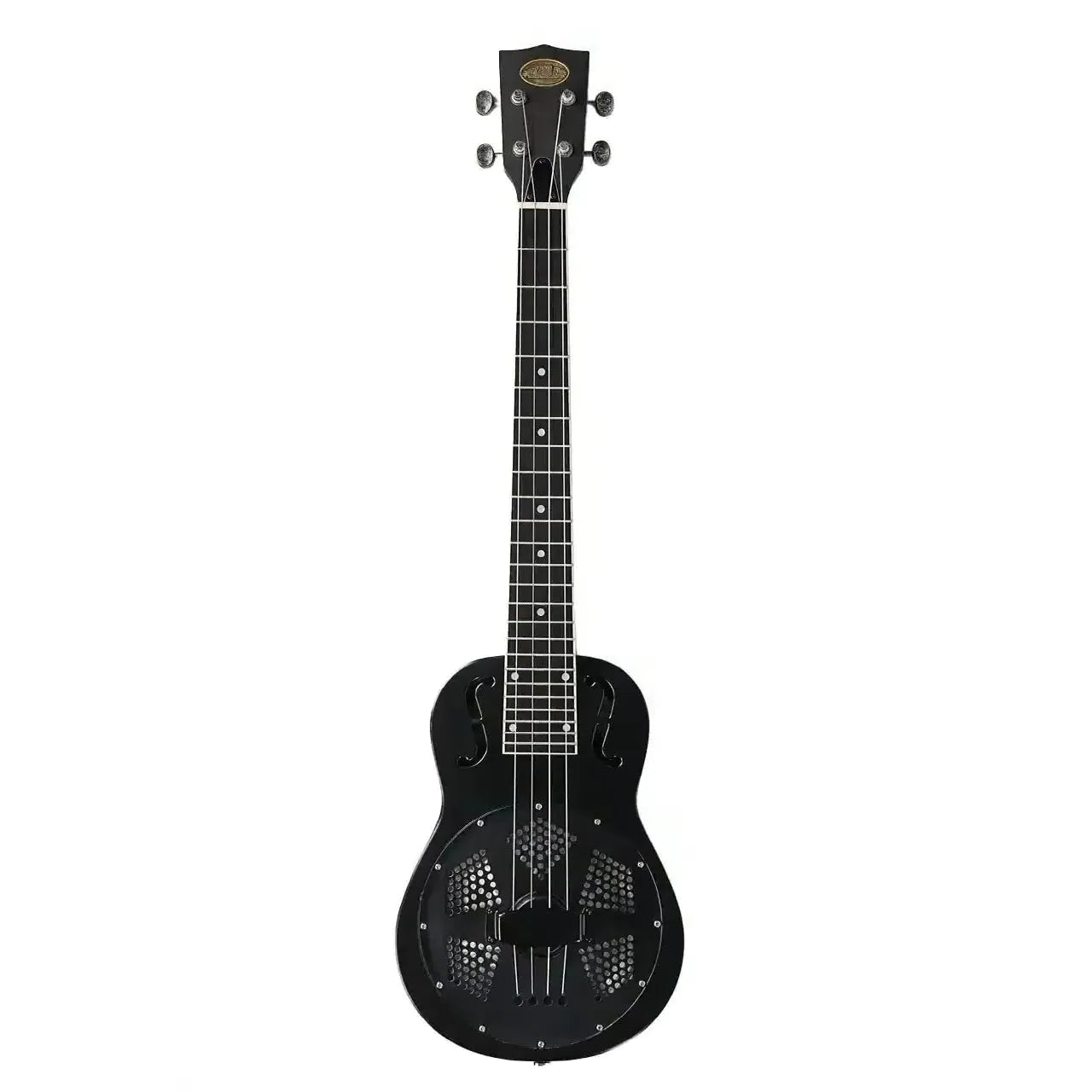 Kala Resonator Matte Black Baritone Ukulele with bell brass body and dark fretboard.