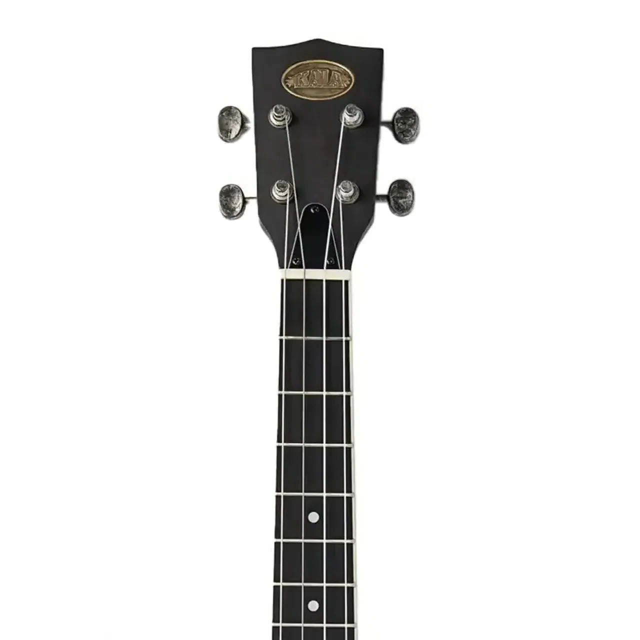 Kala Resonator Matte Black Baritone Ukulele headstock with tuning pegs and fretboard.