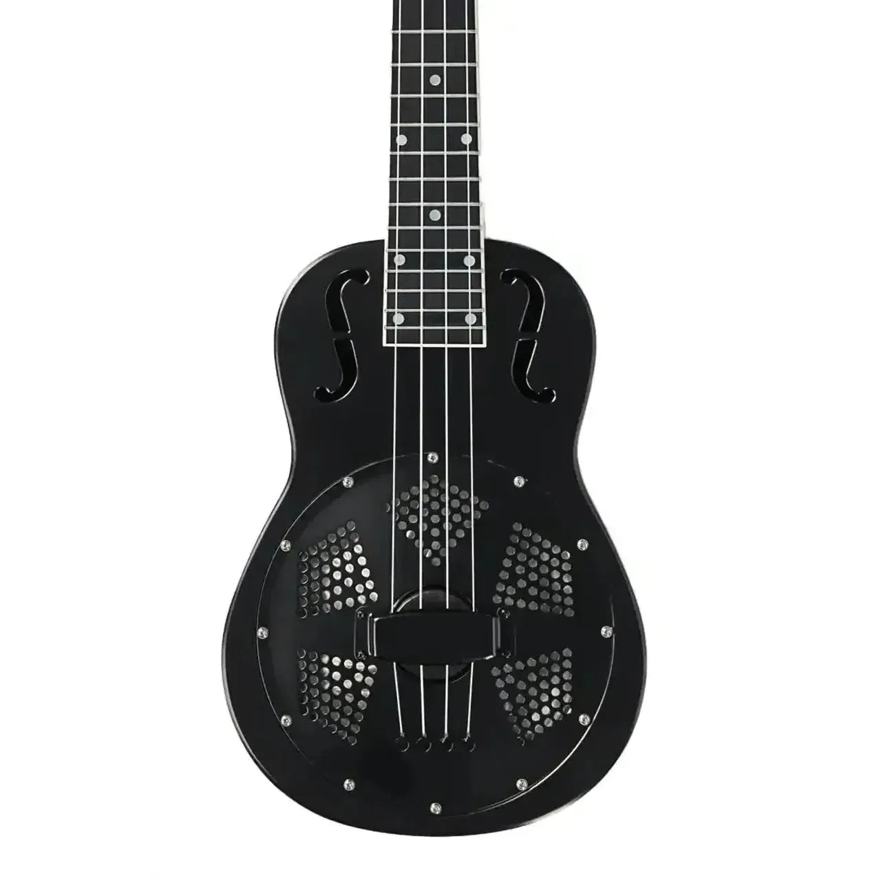 Kala Resonator Matte Black Tenor Ukulele with bell brass body, f-holes, and perforated resonator cone.