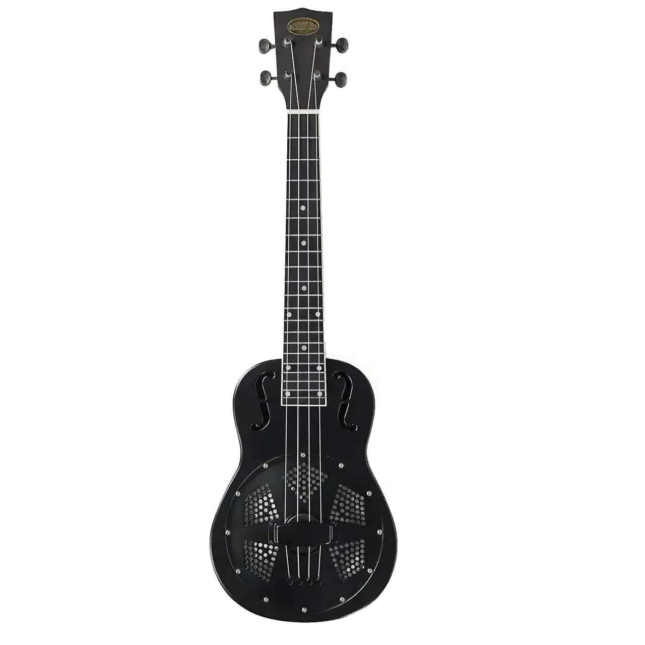 Kala Resonator Matte Black Tenor Ukulele with bell brass body, aluminum cone, and pickup.