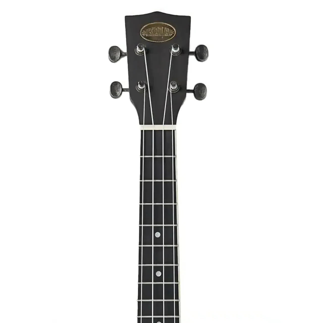 Kala Resonator Matte Black Tenor Ukulele headstock and fretboard with brass logo and black tuning pegs.