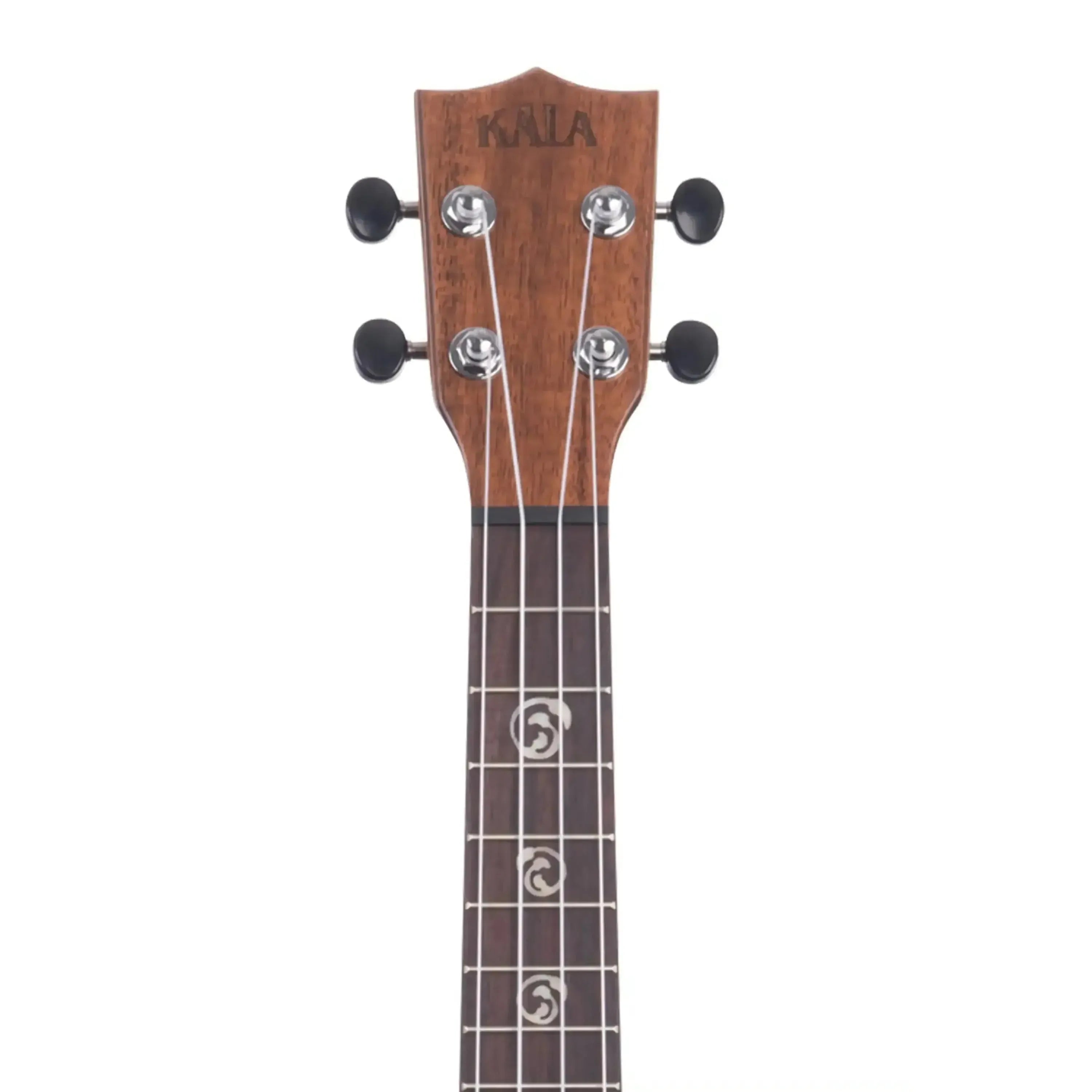 Kala SA-C Solid Acacia Concert Ukulele headstock with dark wood, KALA logo, and black tuning pegs.