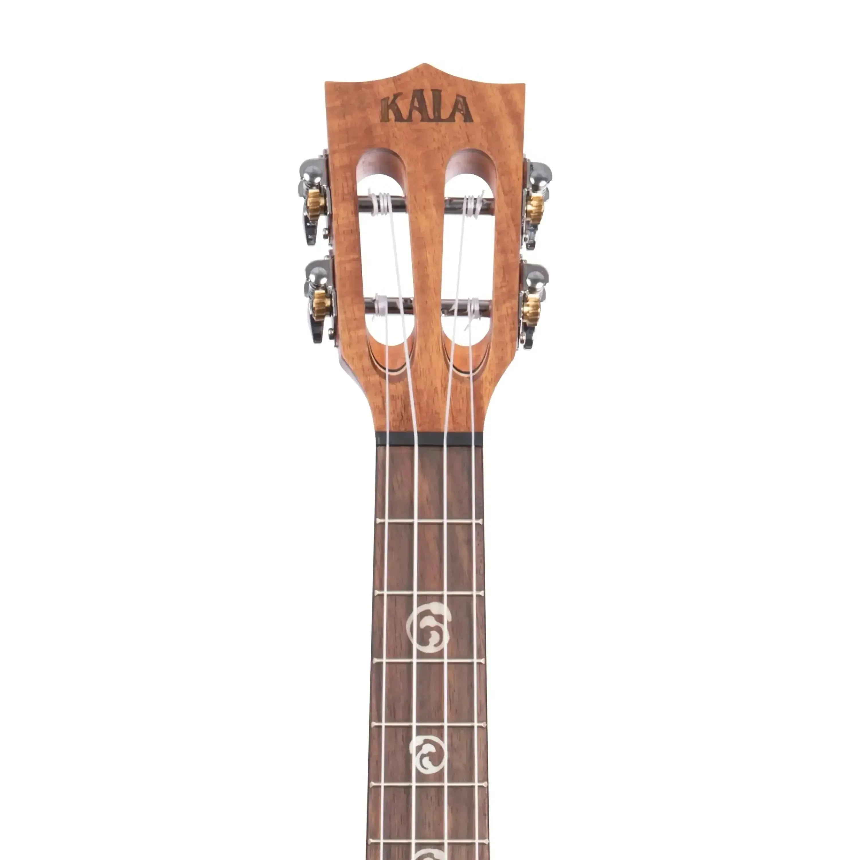 Kala SA-T Tenor Ukulele headstock and fretboard with slotted design, acacia wood, and inlay markers.