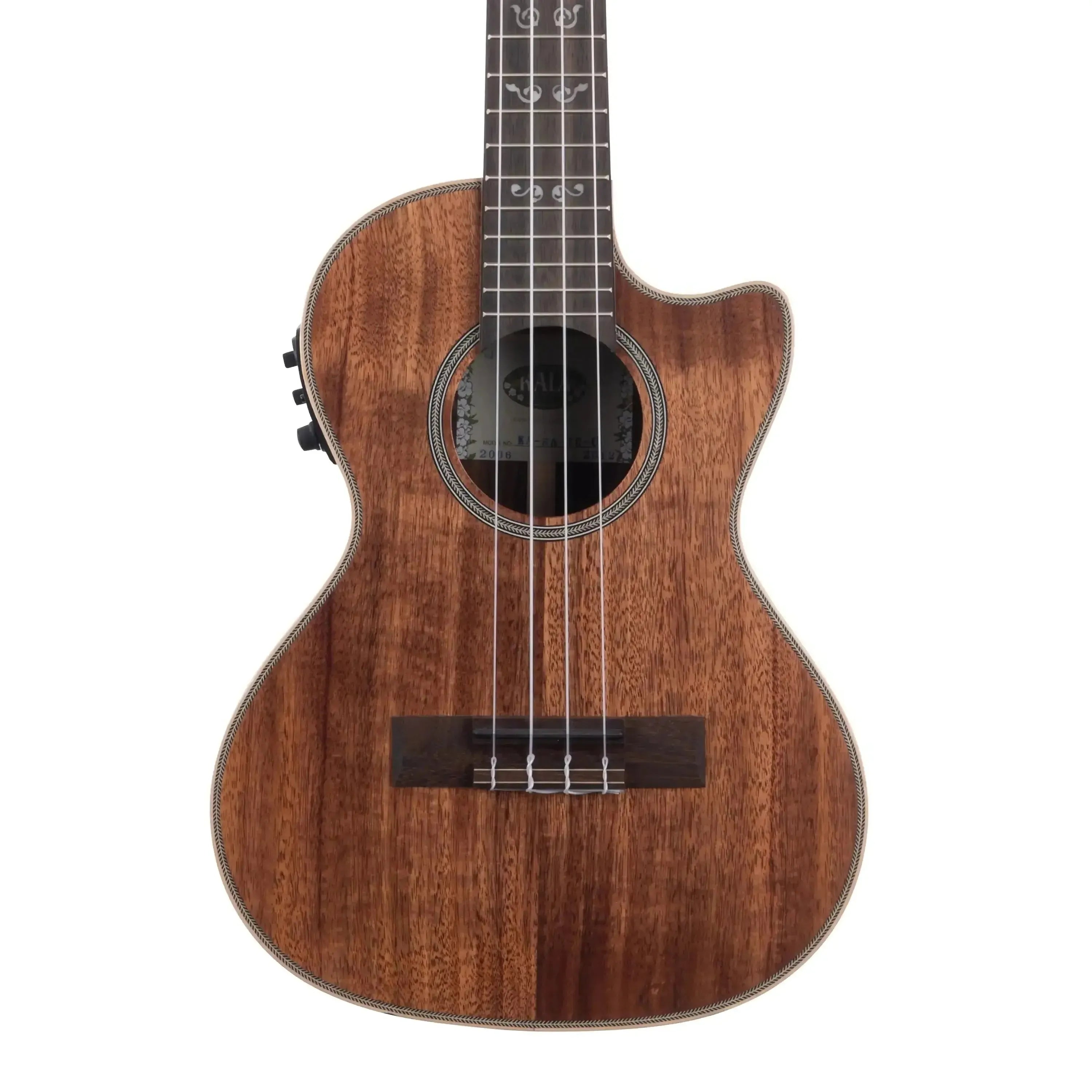 Kala Solid Acacia Tenor Ukulele with EQ, featuring a Venetian cutaway, satin finish, and maple binding.