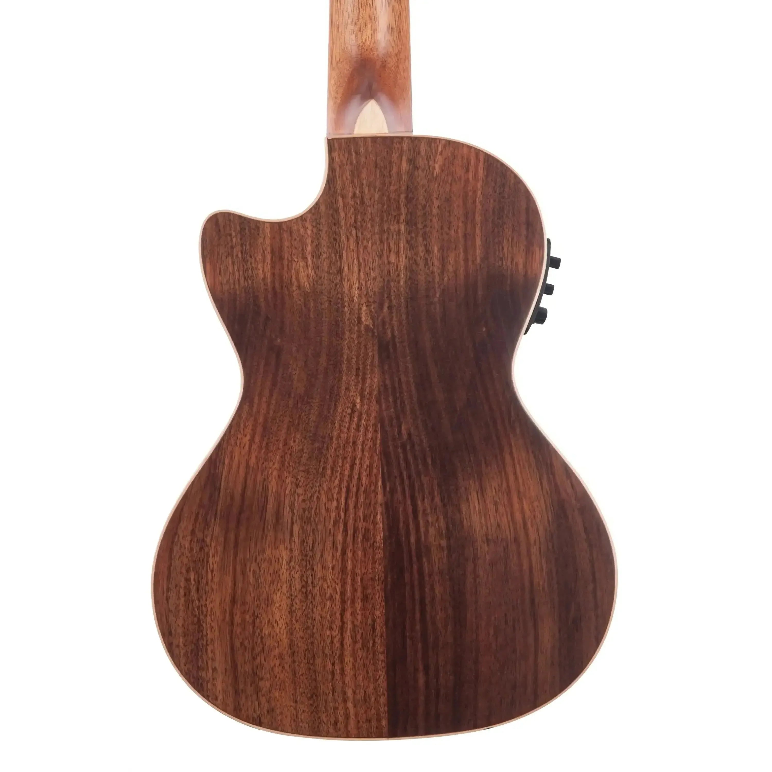 Back of a Kala Solid Acacia Tenor Ukulele, showcasing its dark wood grain and light maple binding.