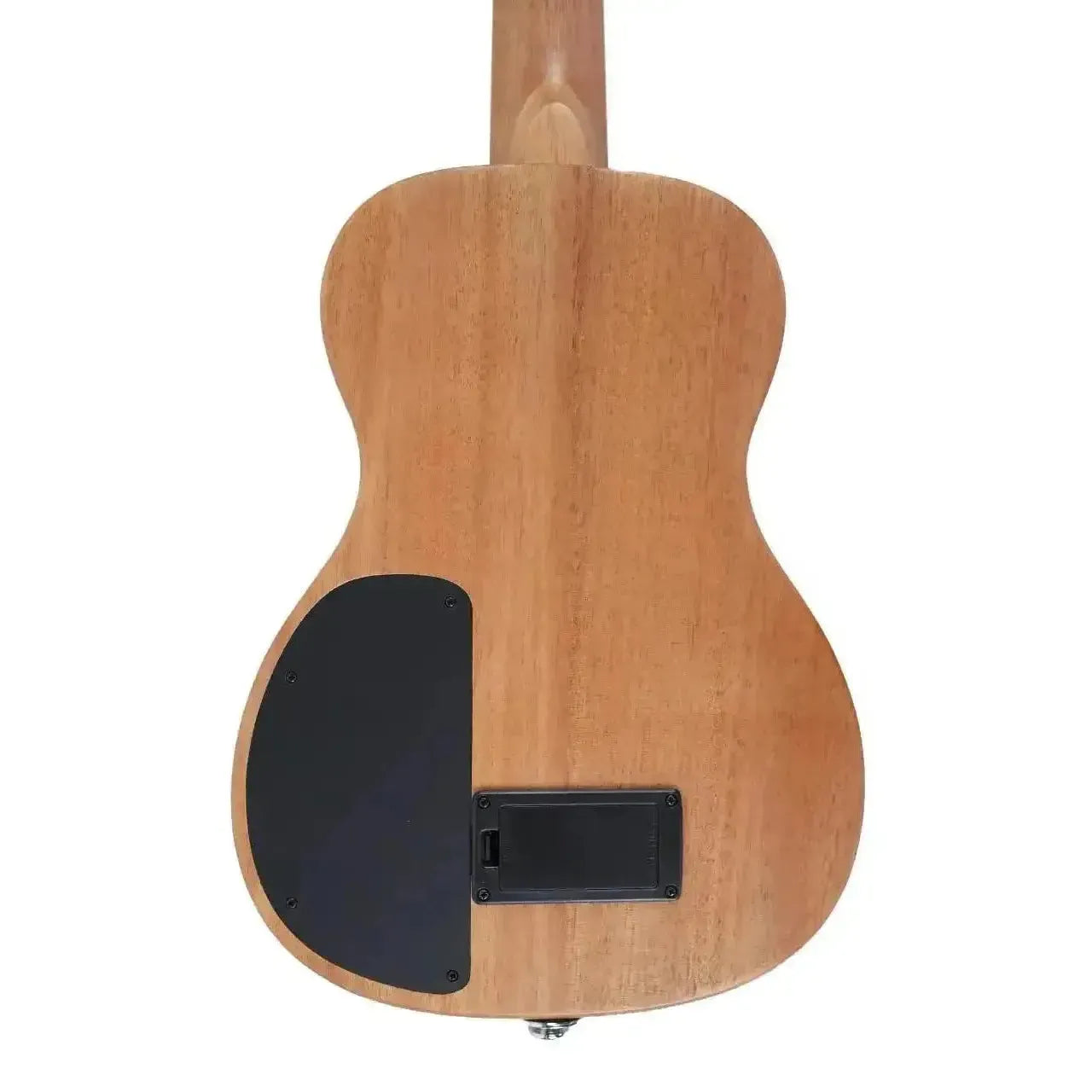 Kala SB-ACA-T Solid Body Tenor Ukulele back, showing okoume wood, black control plate, and battery compartment.