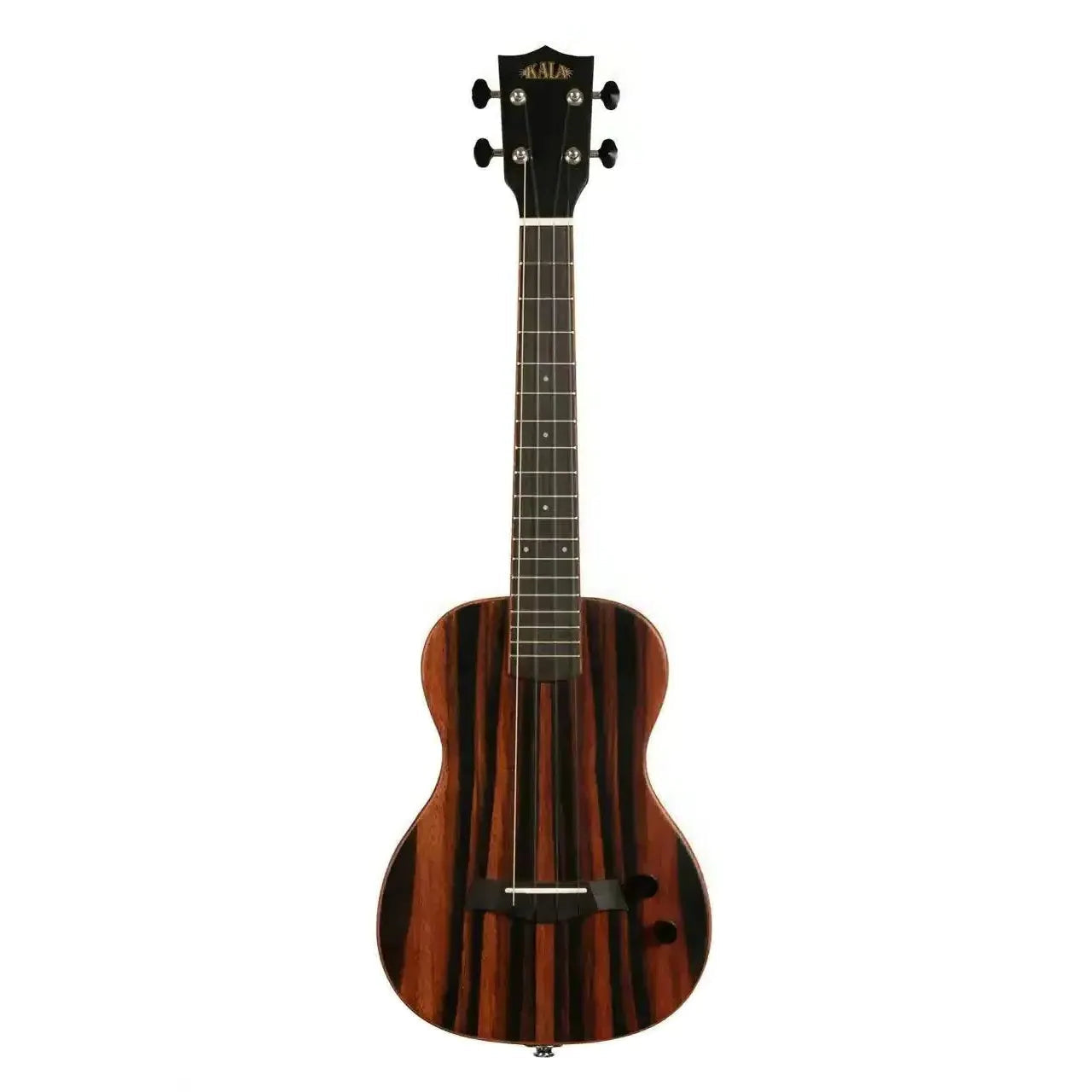 Kala Solid Body Electric Tenor Ukulele with striped ebony top, black headstock, and tuners.