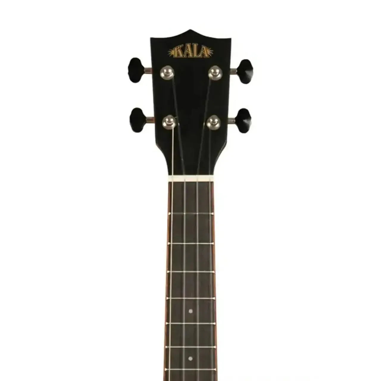 Kala solid body electric tenor ukulele headstock with black open-geared tuners and Kala logo.