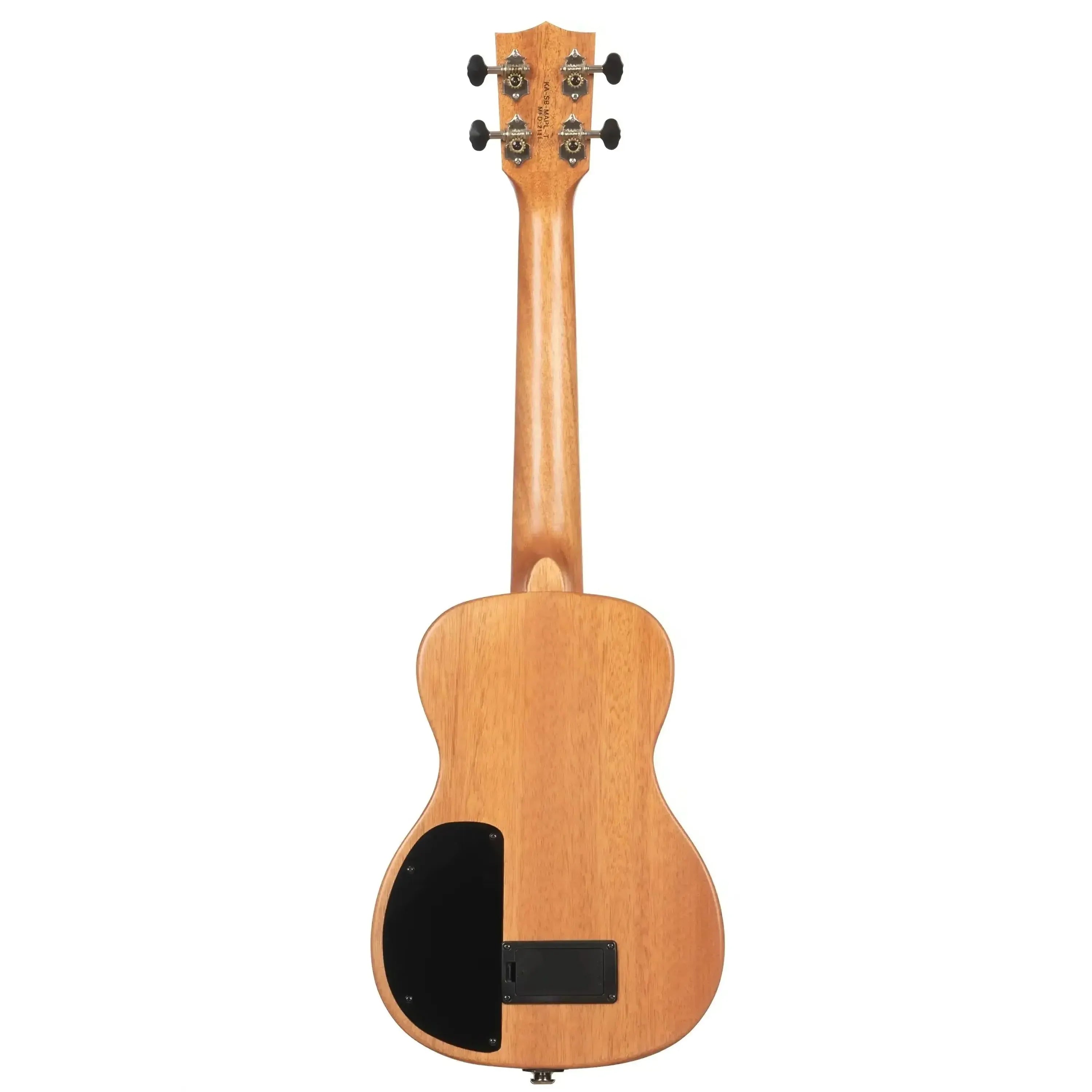 Kala Solid Body Electric Tenor Ukulele, back view, light wood with black control panel.