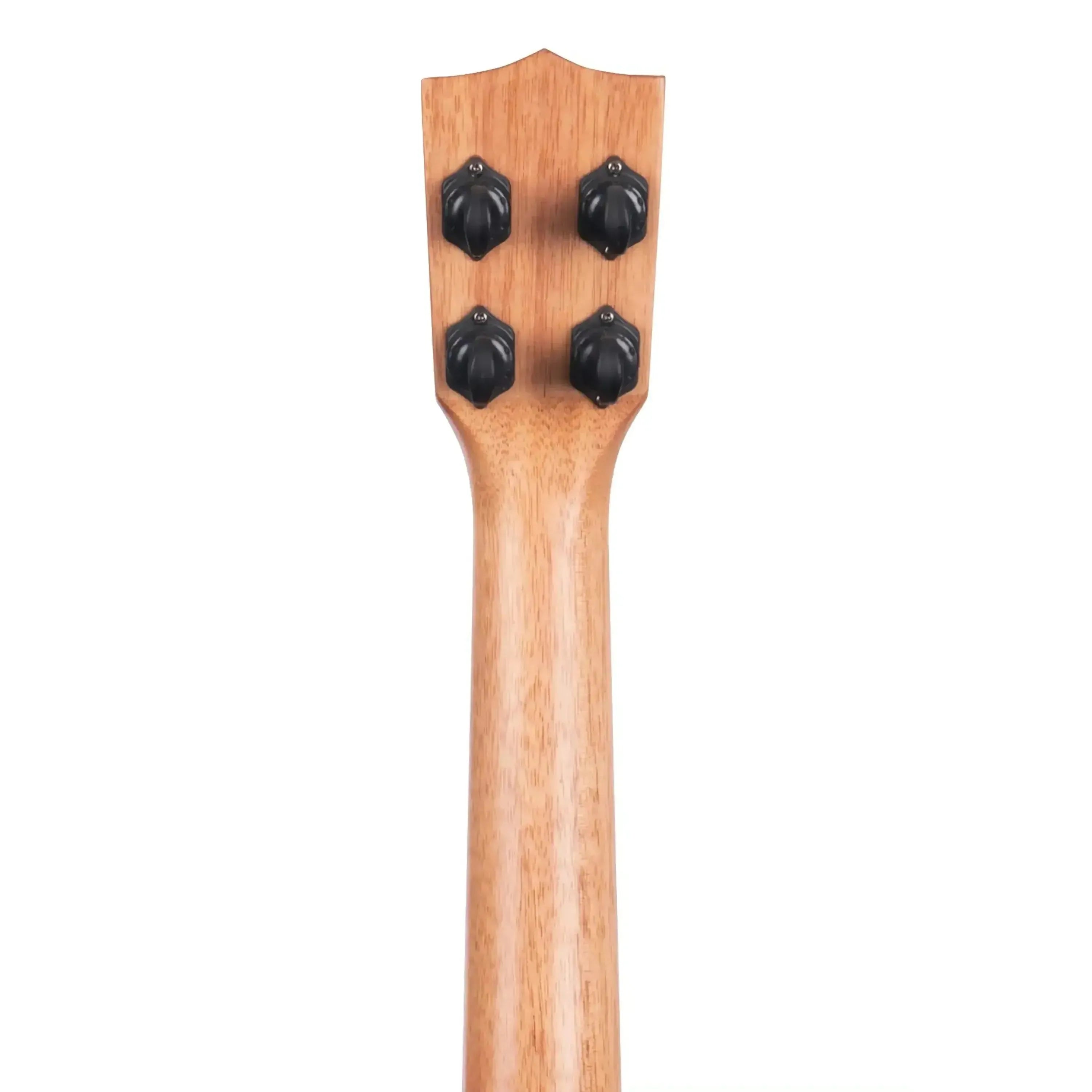 Back of a Kala Concert Ukulele mahogany neck with four black tuning pegs on a light wood headstock.