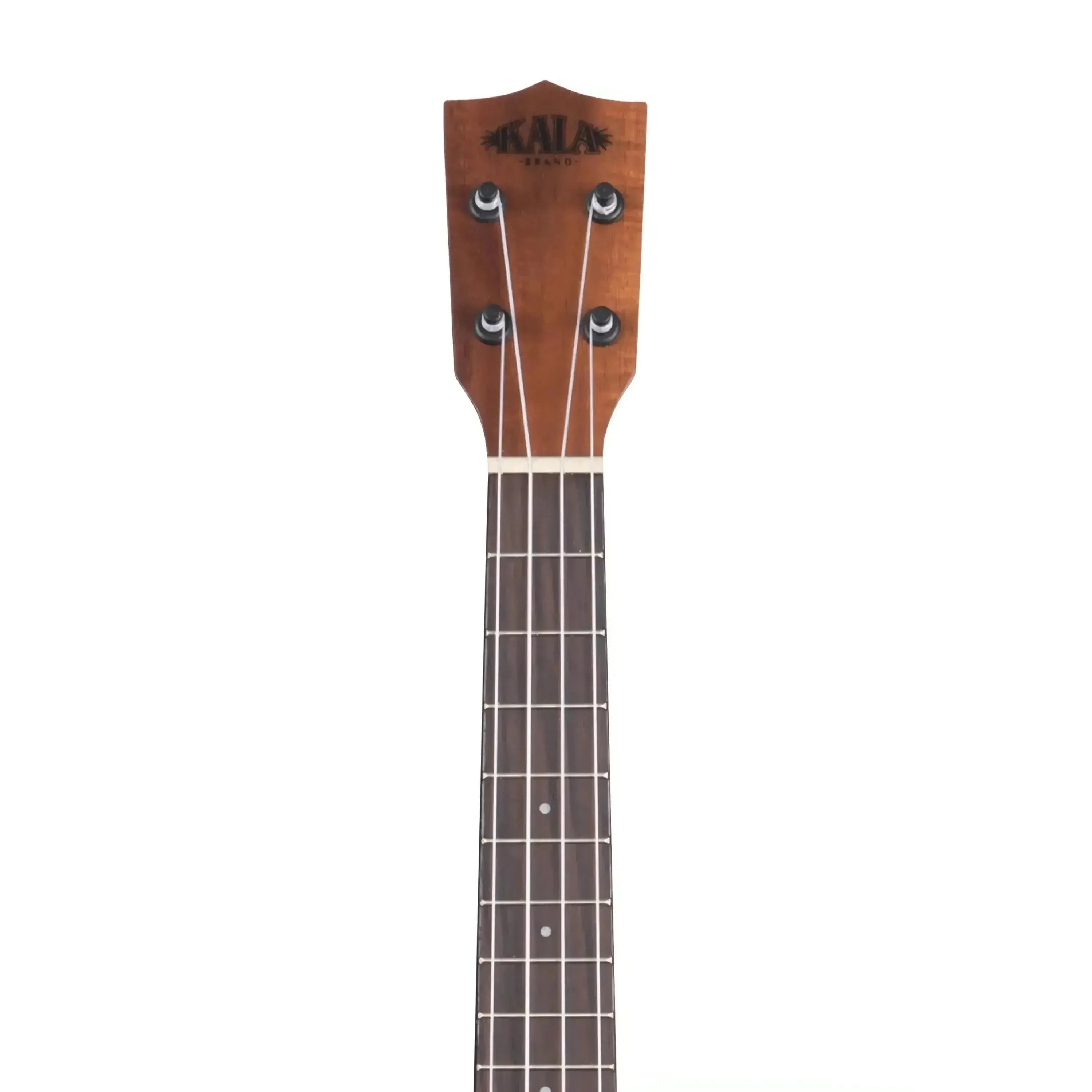 Kala tenor ukulele headstock with mahogany neck, rosewood fingerboard, and black Graph Tech Ratio tuners.