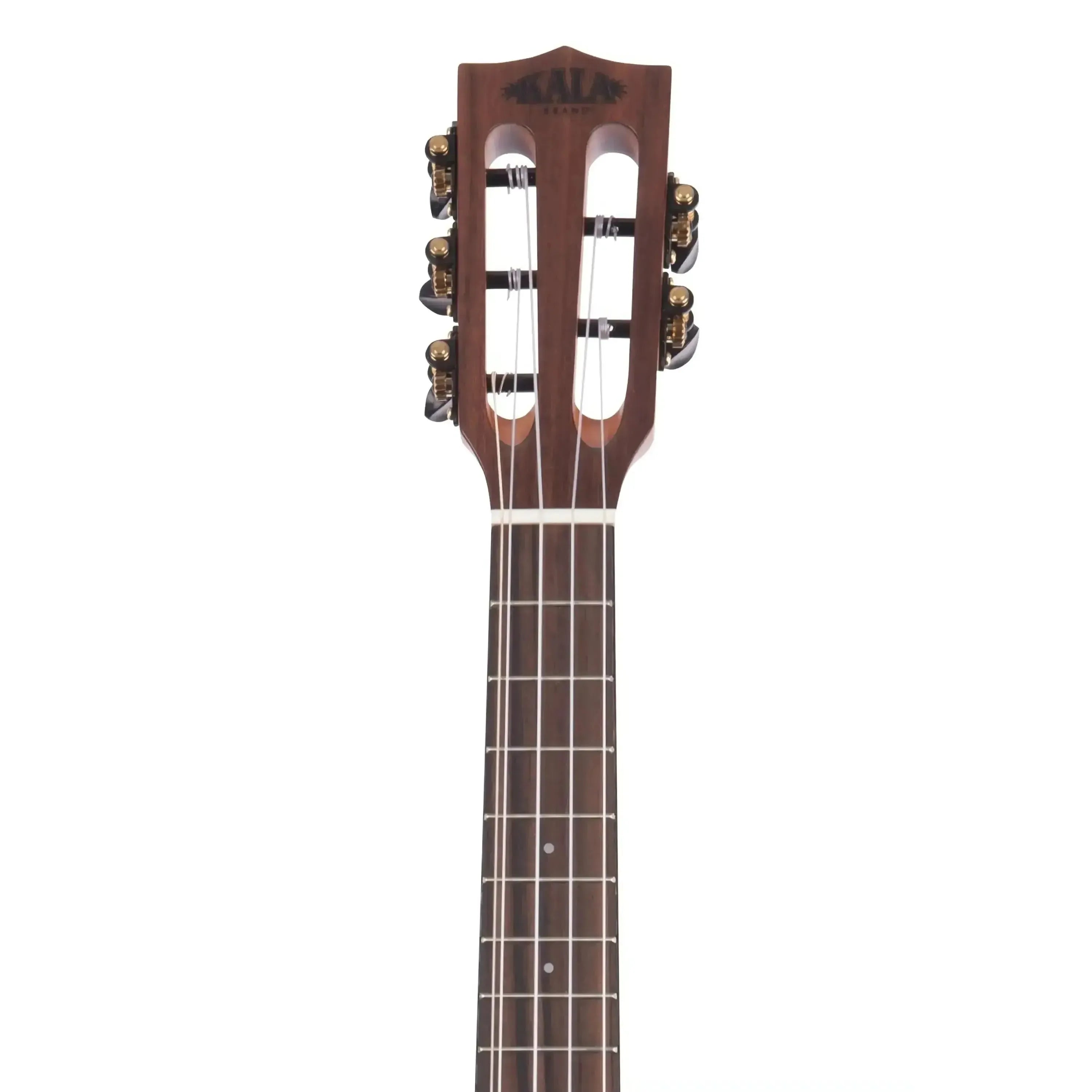 Kala SCAC-T5 5-string tenor ukulele headstock with slotted design, gold tuners, and laurel fingerboard.