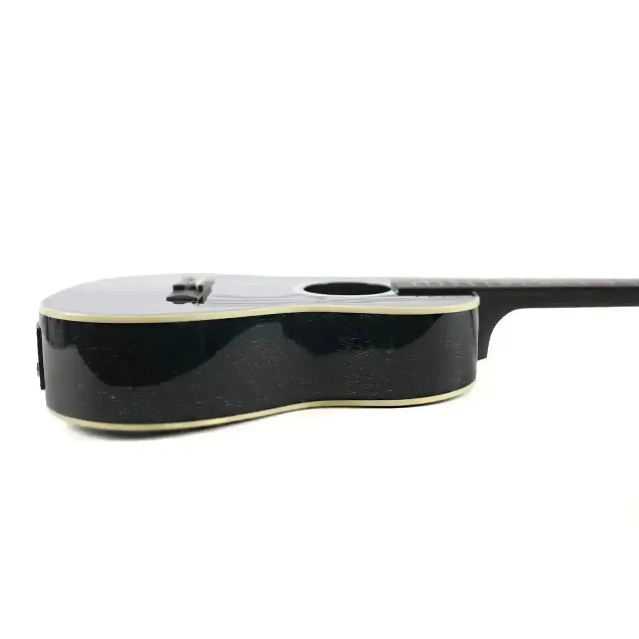Kala SDH-BE Salt & Pepper Doghair Mahogany Baritone Ukulele, side view, black gloss finish, cream binding.