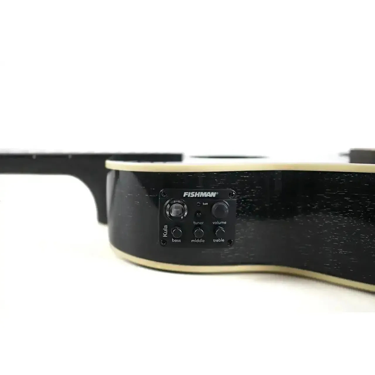 Kala SDH-BE Doghair Mahogany Baritone Ukulele side with Fishman Kula electronics and cream binding.