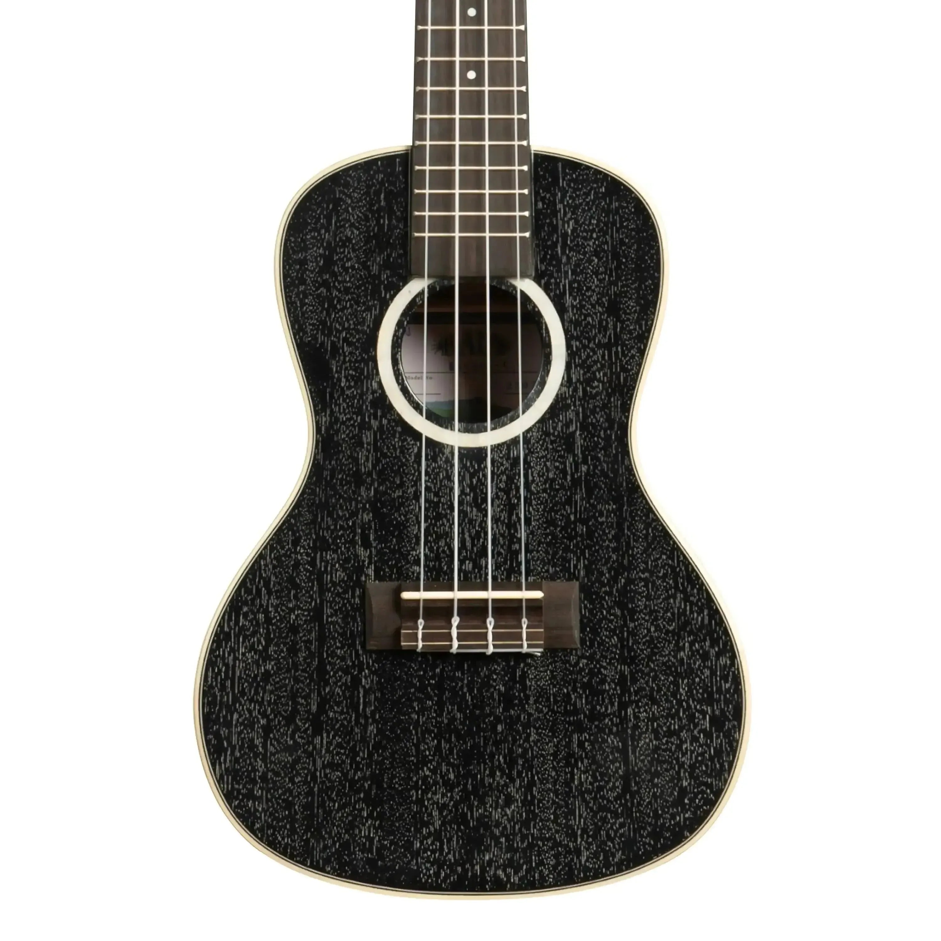 Kala SDH-C Concert Ukulele with "Salt & Pepper Doghair" black mahogany finish, cream binding, and mother-of-pearl rosette.