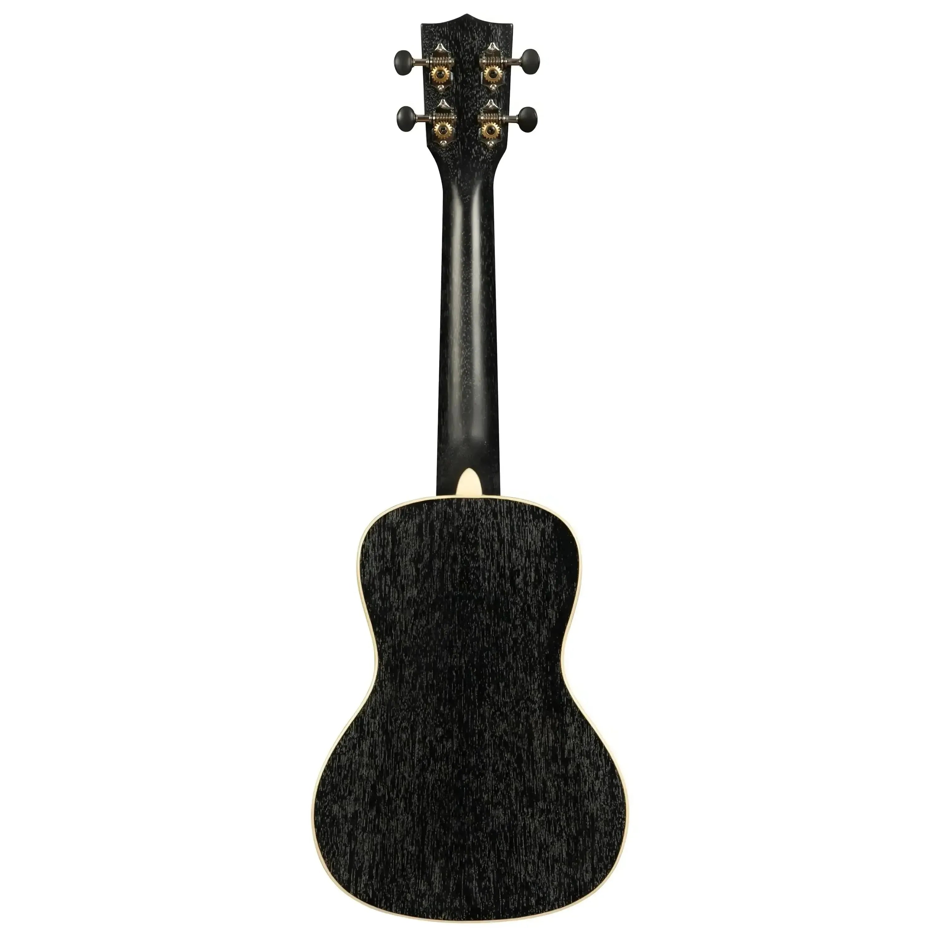 Kala SDH-C Concert Ukulele, back view, with black "Doghair" mahogany finish and cream binding.