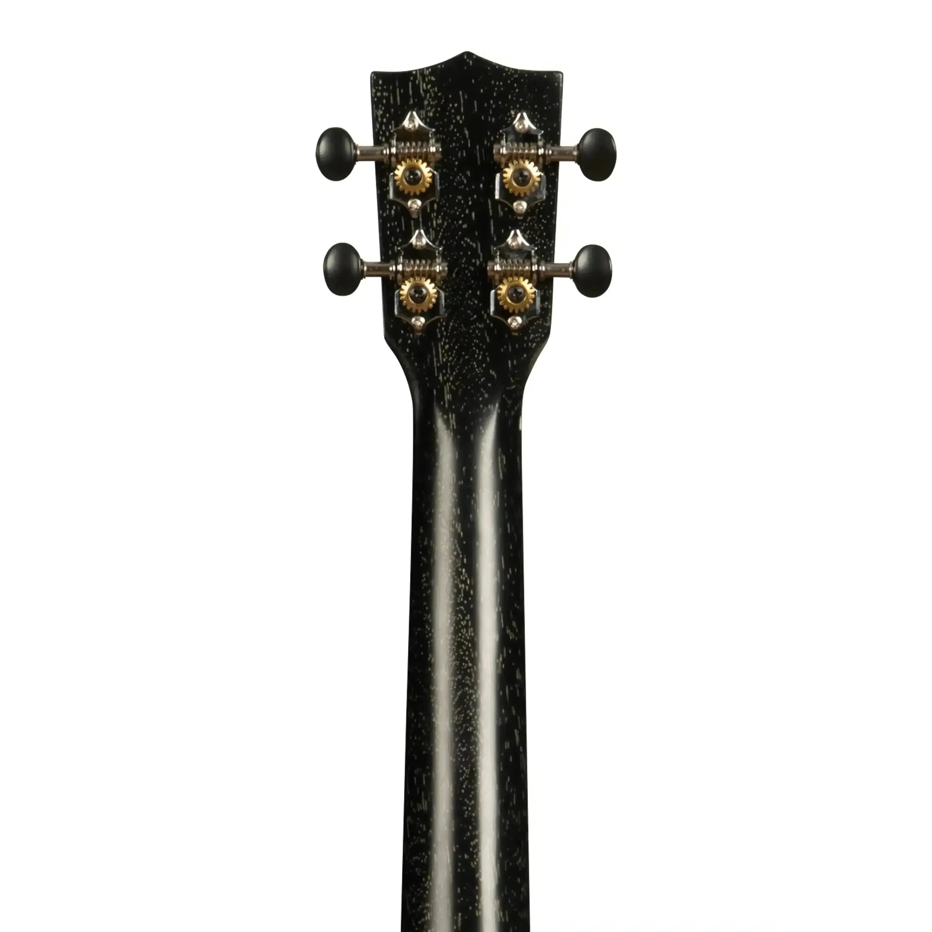 Back of Kala SDH-T tenor ukulele headstock and neck, featuring black "doghair" mahogany and gold tuners.