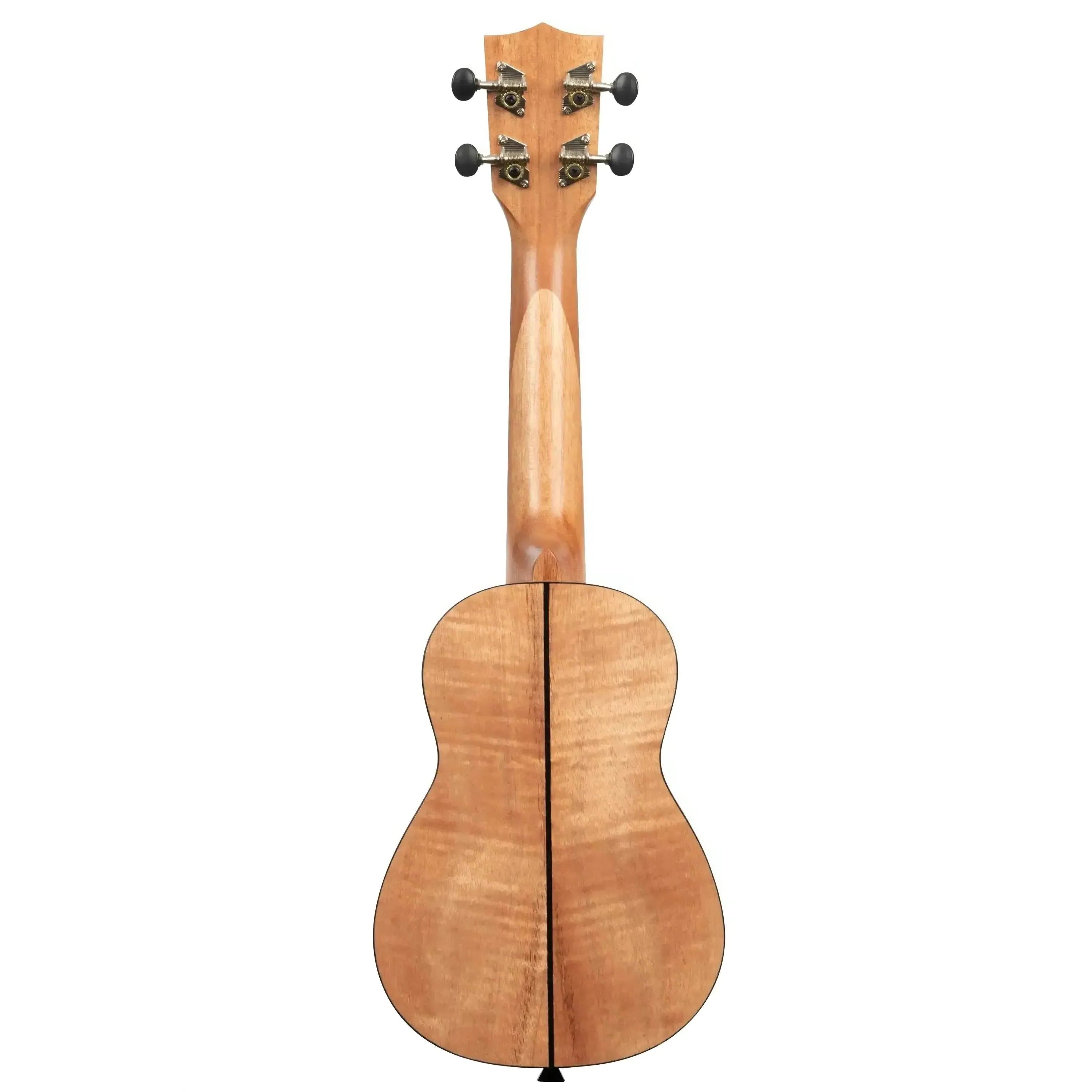 Back of a Kala SEM Exotic Mahogany Soprano Ukulele with a light wood grain and black tuning pegs.