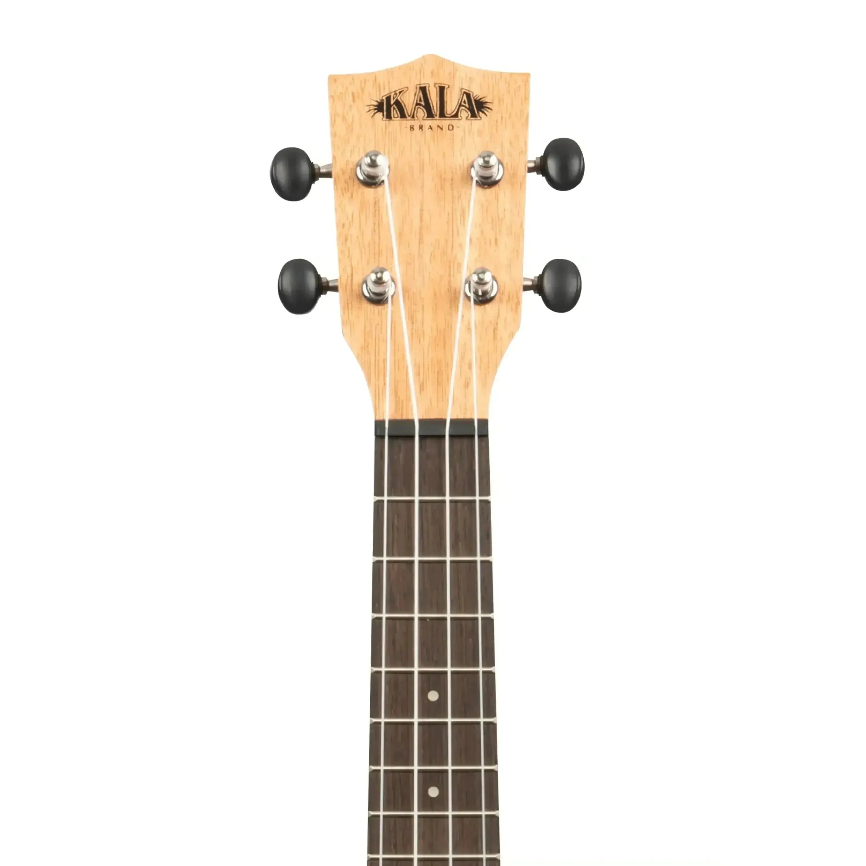 Kala Exotic Mahogany Soprano Ukulele headstock with black tuners and rosewood fingerboard.