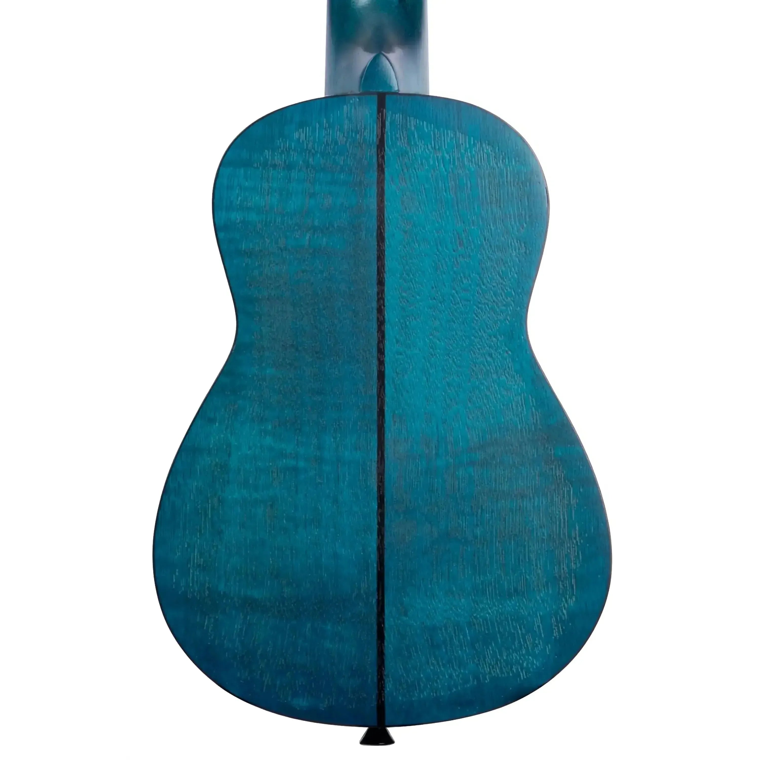 Back of a blue Kala SEMB Soprano Ukulele made of exotic mahogany with a black binding.