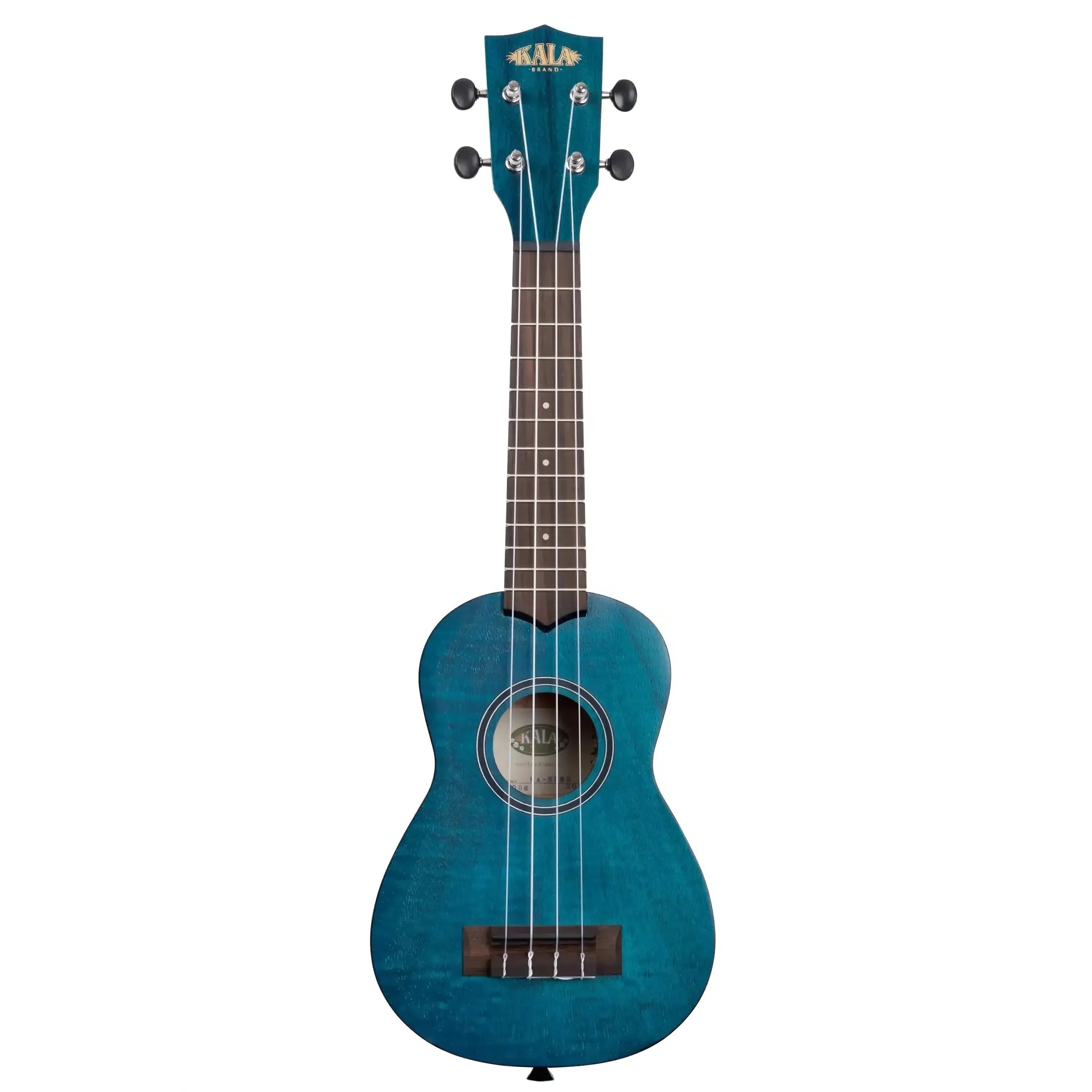 Kala SEMB Blue Exotic Mahogany Soprano Ukulele with black binding and satin finish.