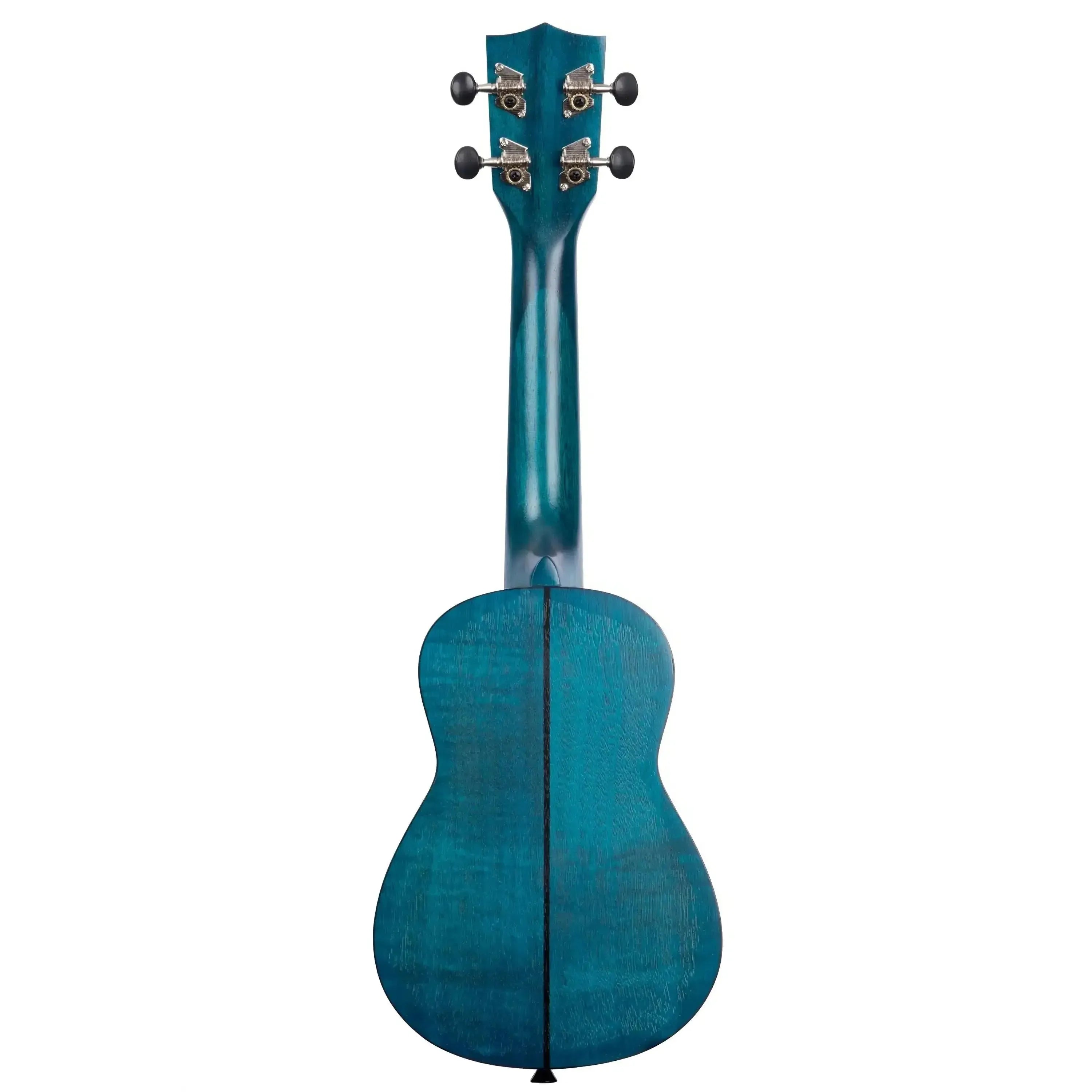 Kala SEMB Blue Exotic Mahogany Soprano Ukulele, back view, with a satin finish.