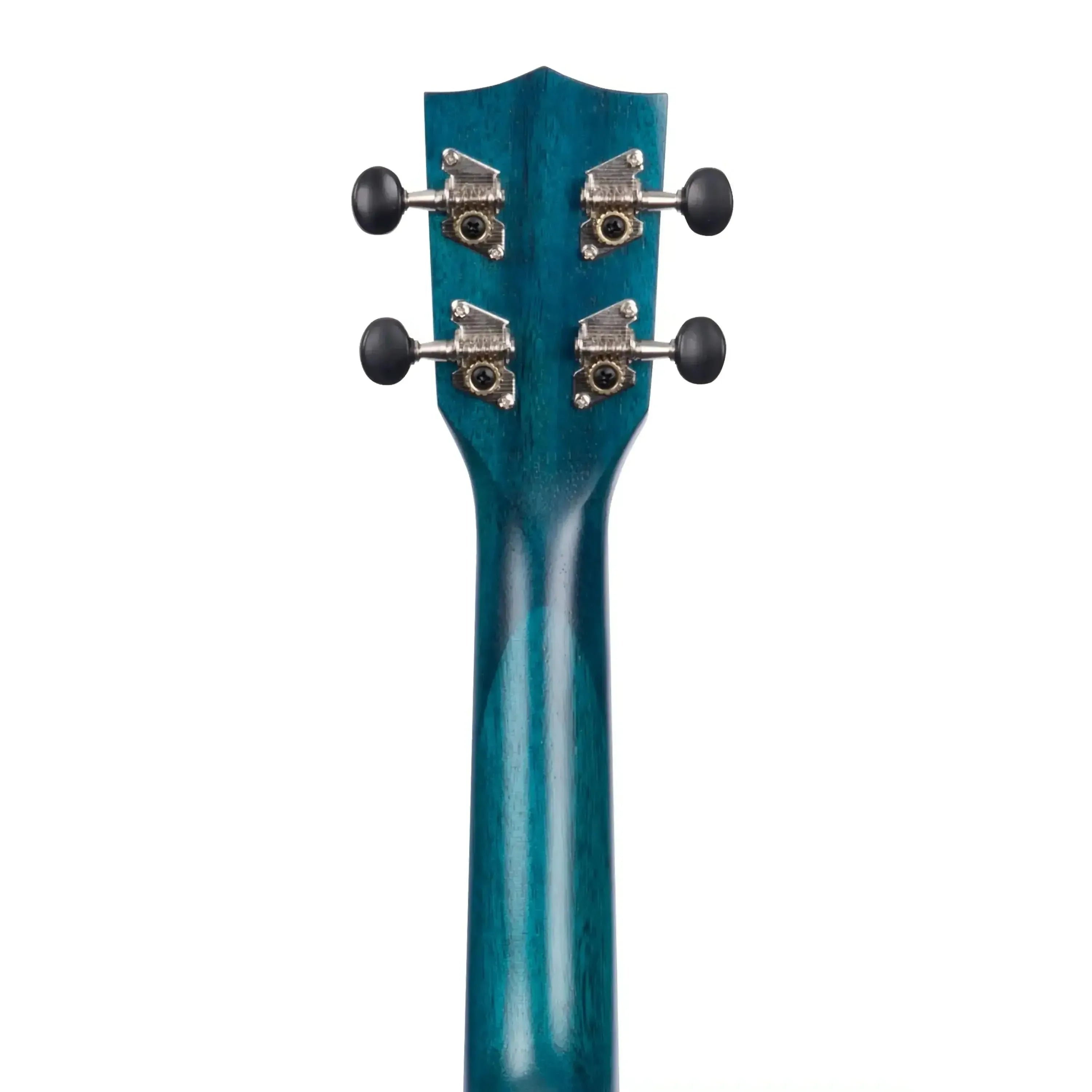 Back of Kala SEMB Blue Exotic Mahogany Soprano Ukulele neck and headstock with tuning pegs.