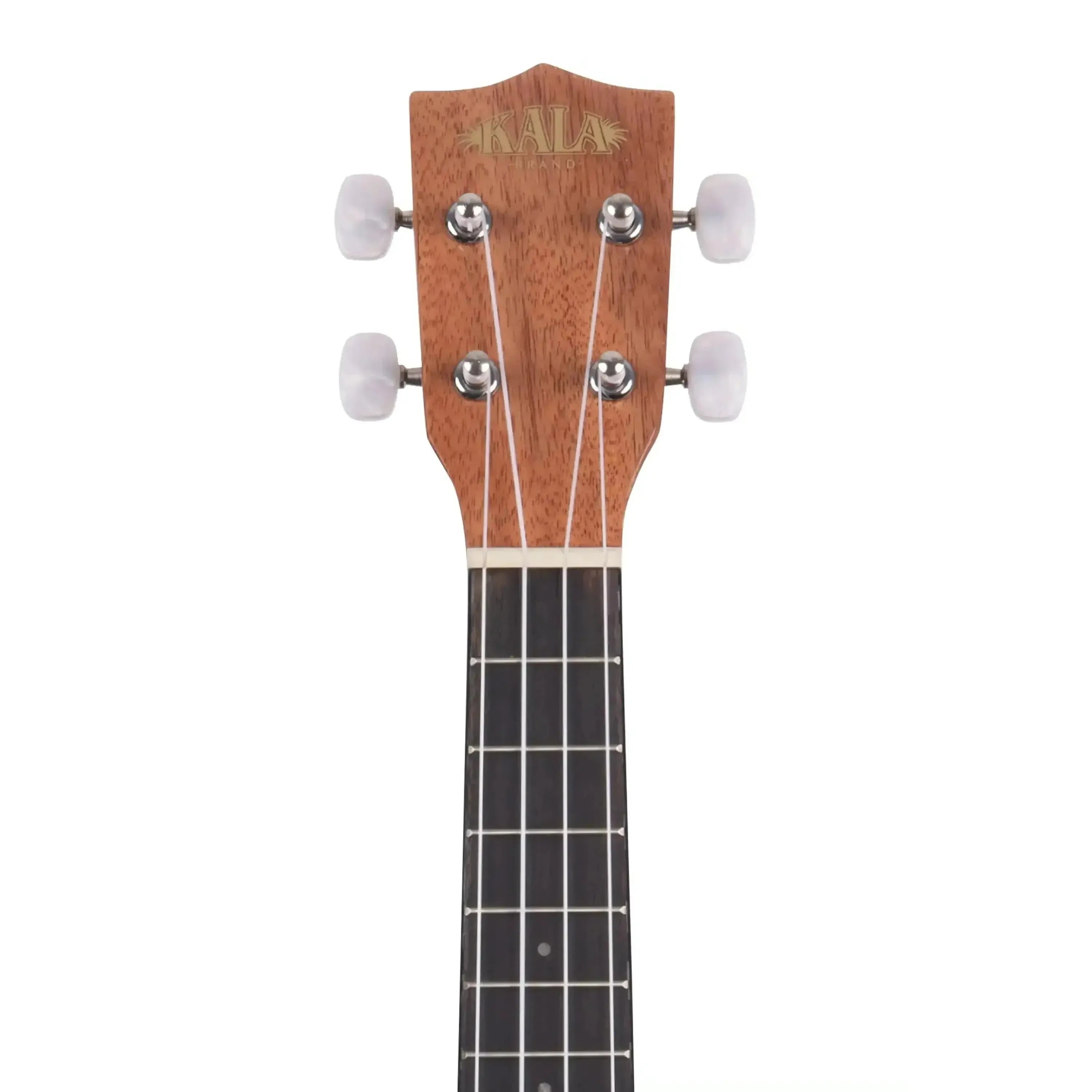 Kala SLNG Longneck Soprano Ukulele headstock with mahogany finish, white tuners, and rosewood fretboard.