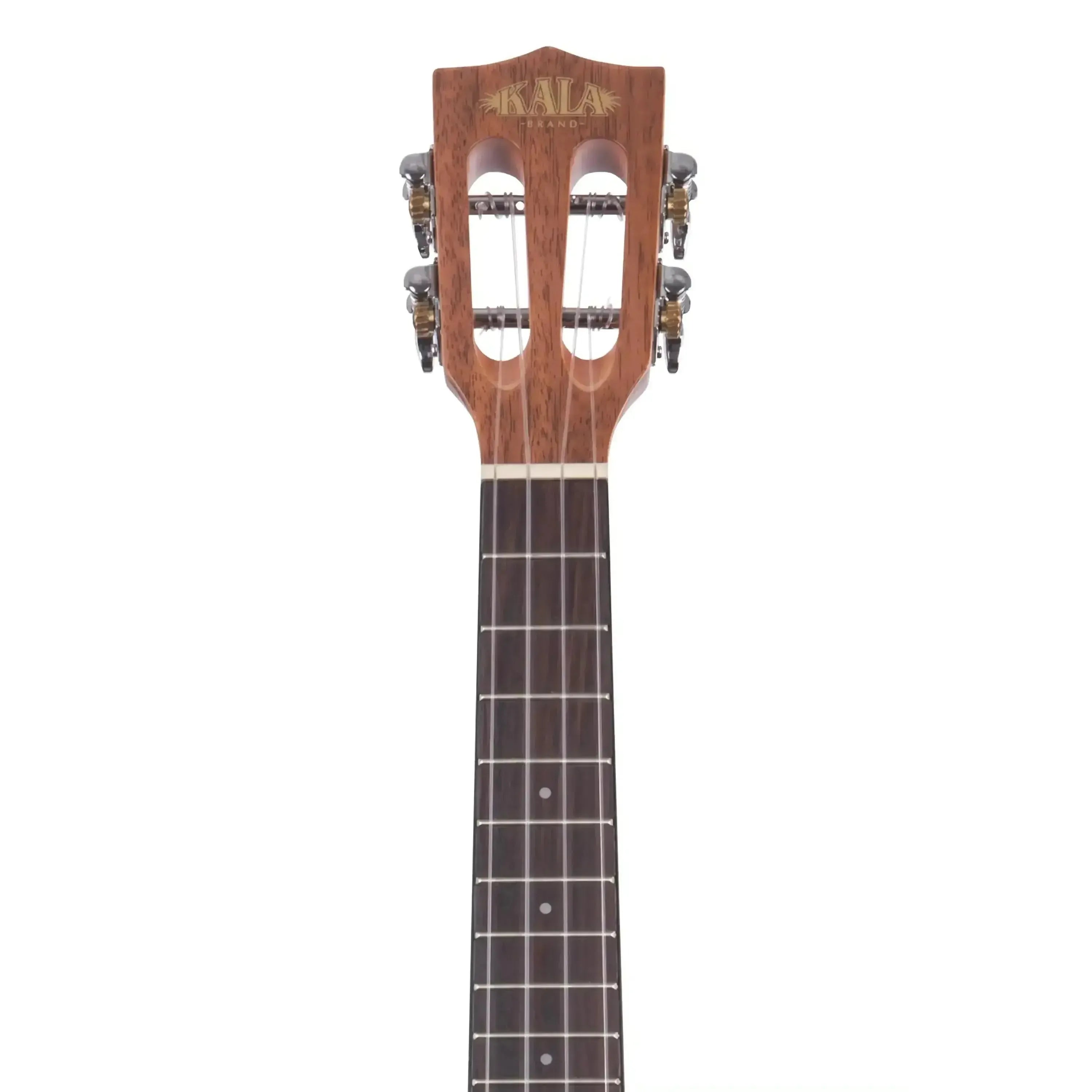Kala SMH-CG Solid Mahogany Concert Ukulele headstock with slotted design, tuners, and dark fretboard.