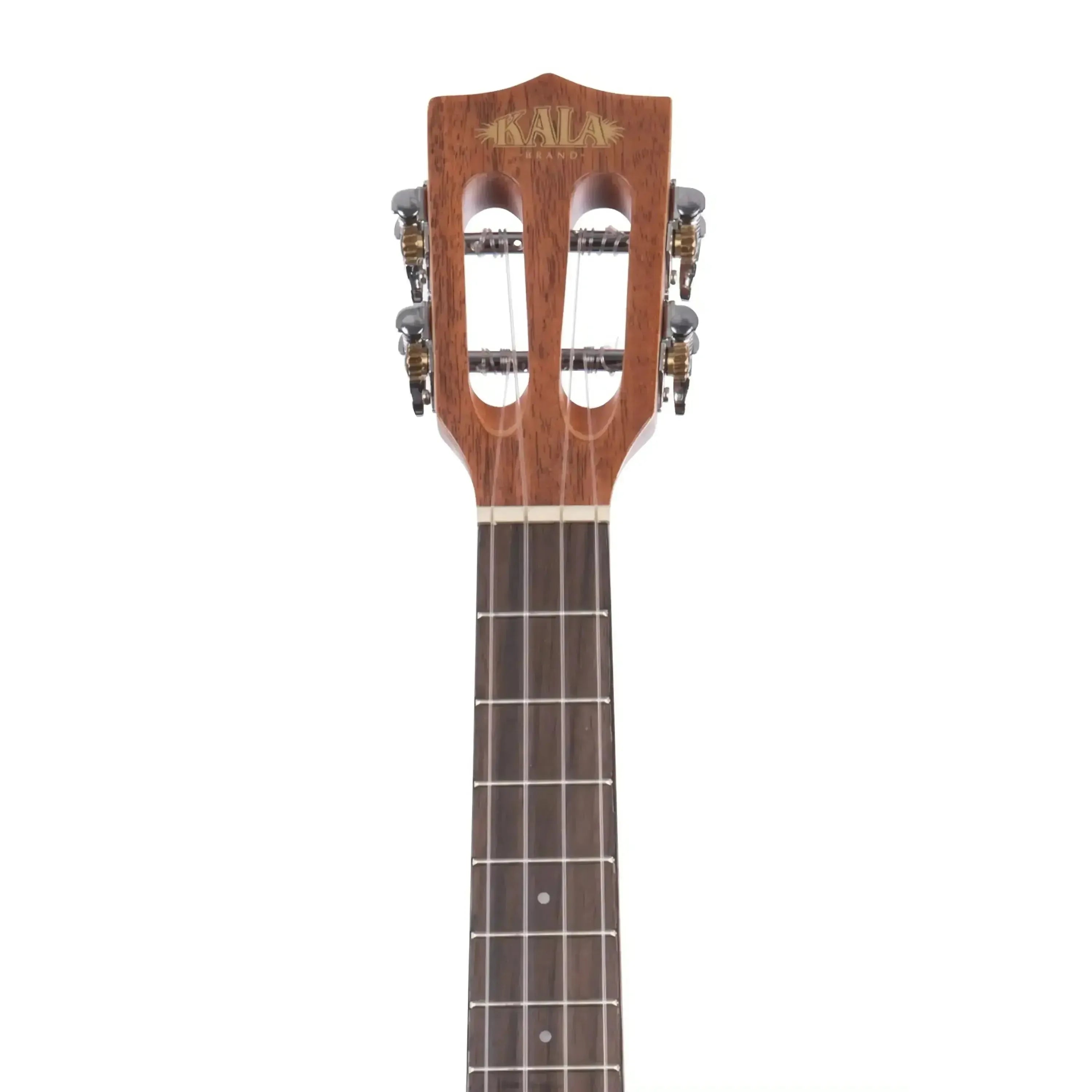 Kala Solid Mahogany Tenor Ukulele headstock with slotted design, gloss finish, and silver tuners.