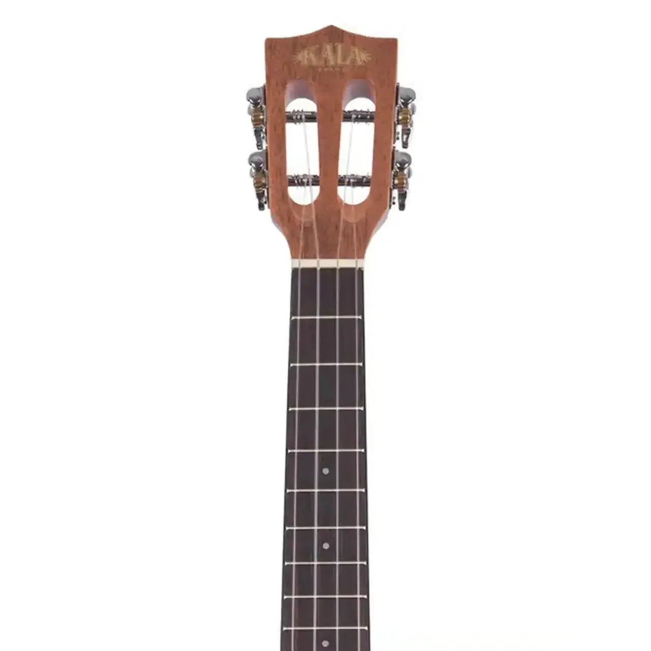 Kala SMH-TG Solid Gloss Mahogany Tenor Ukulele headstock and fretboard with slotted tuners.