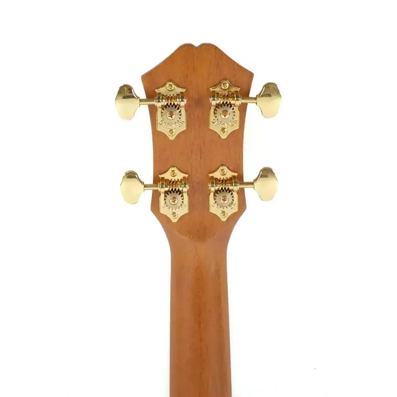 Kala Trembesi Baritone Ukulele headstock with four gold tuning pegs and light brown wood.