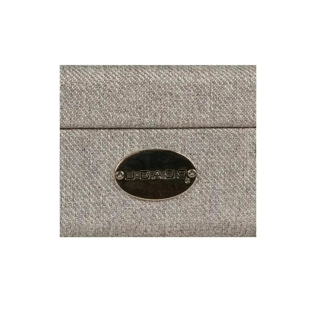 Close-up of Kala Solid Body U•BASS grey tweed hardshell case with metallic U•BASS logo.