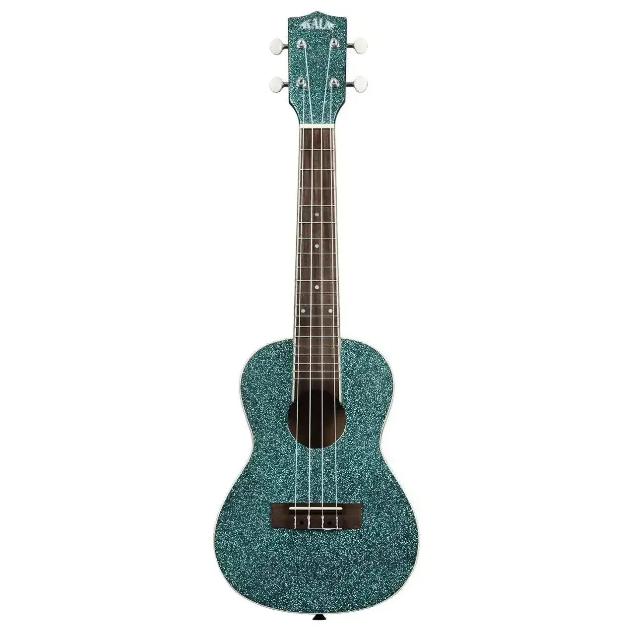 Kala SPRK-AQUA Blue Sparkle Concert Ukulele with gloss finish, cream binding, and dark fretboard.