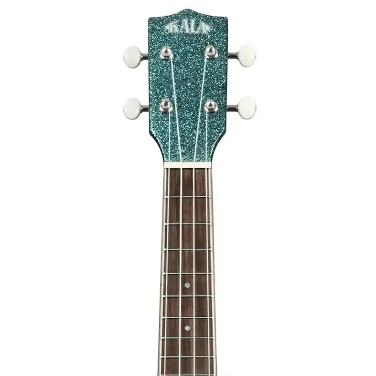 Kala SPRK-AQUA Blue Sparkle Concert Ukulele headstock with white tuning pegs and cream binding.