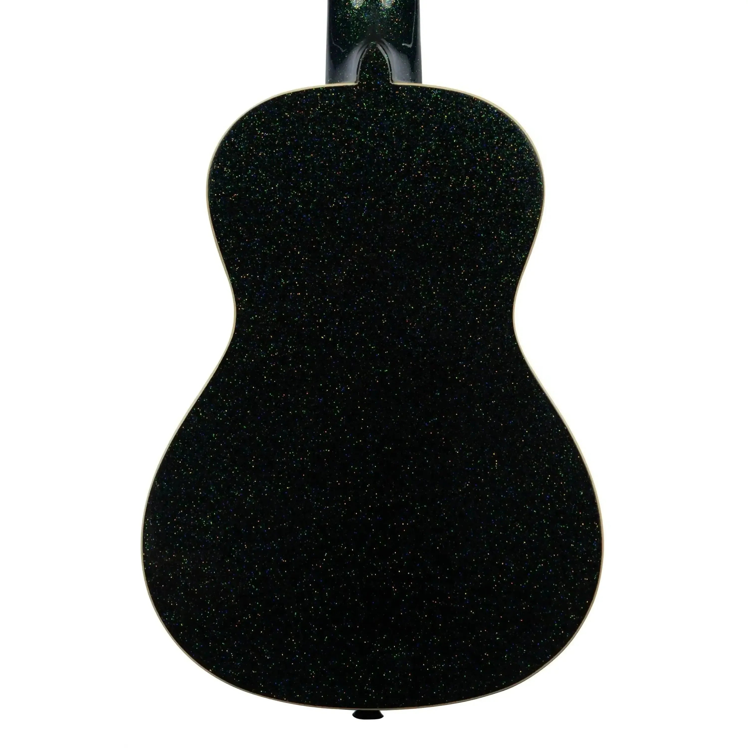 Kala Galaxy Black Sparkle Concert Ukulele, back view, with cream binding and a single strap button.