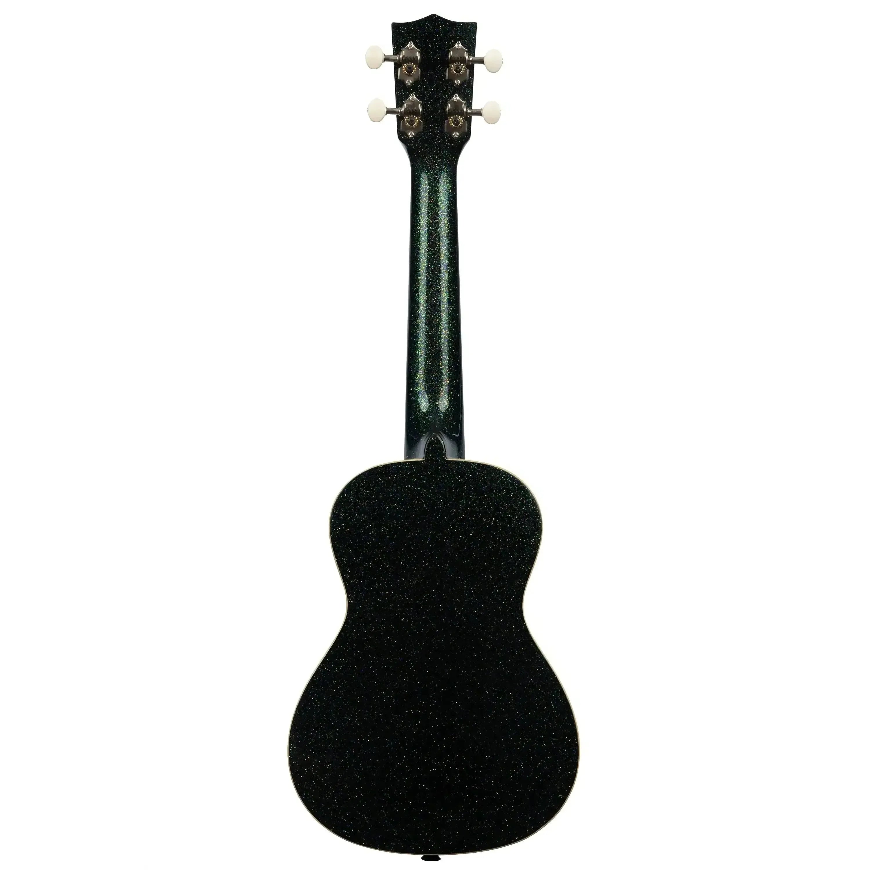 Kala Galaxy Black Sparkle Concert Ukulele, back view, with cream binding and white tuning pegs.